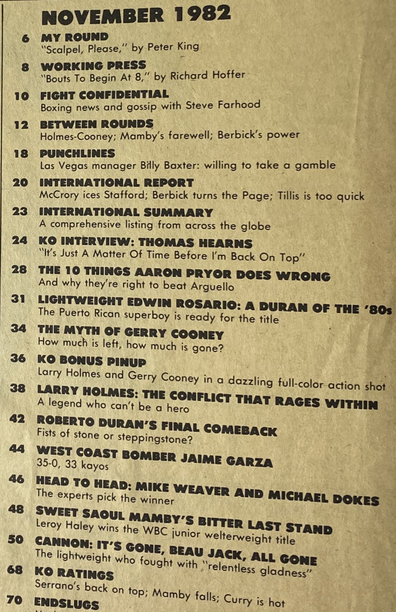 Table of contents for KO Boxing Magazine November 1982, listing articles including ‘The Myth of Gerry Cooney’ and interviews with boxing legends, essential for fans of that period.