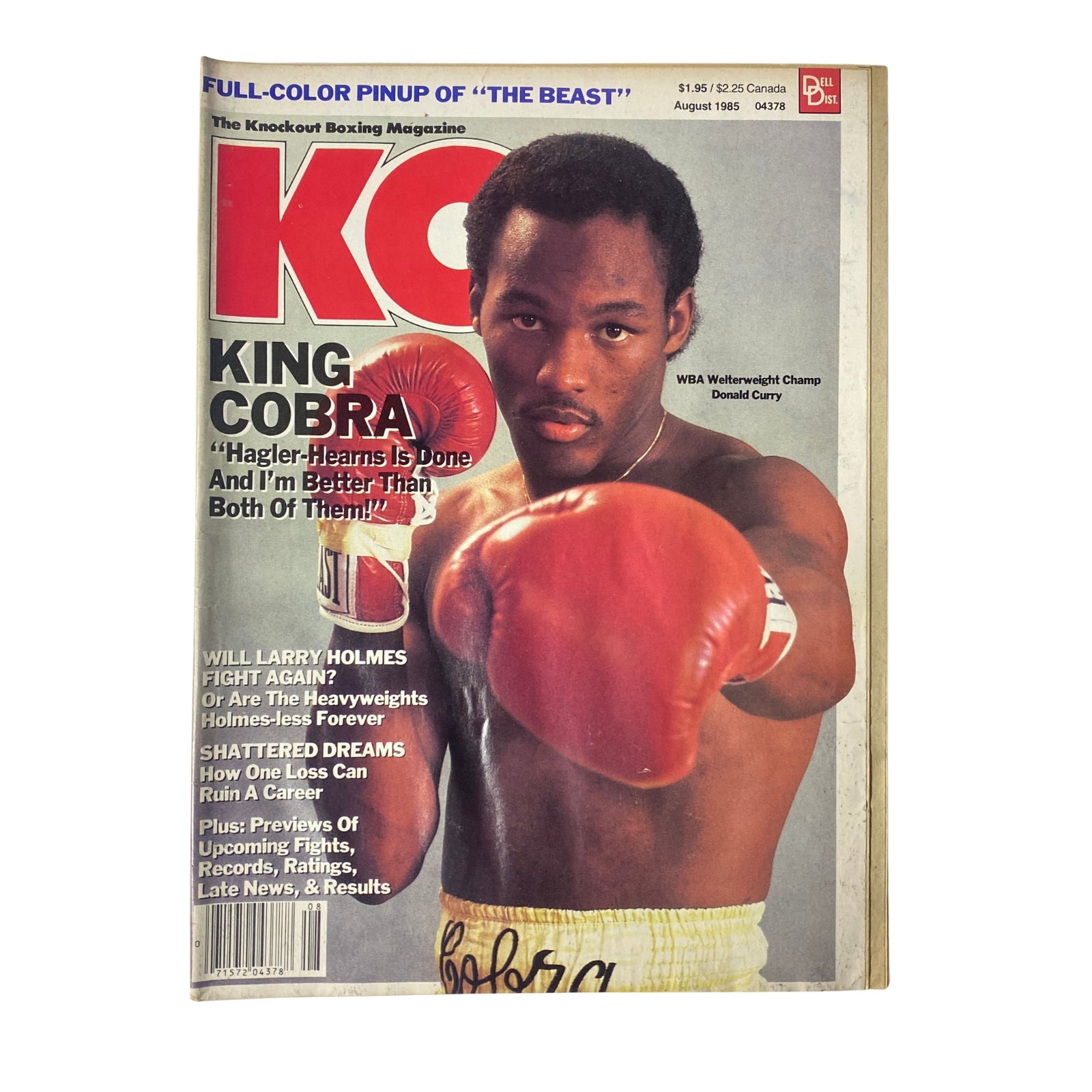 KO Boxing Magazine August 1985 cover featuring Donald Curry, WBA Welterweight Champion, highlighting articles including 'Will Larry Holmes Fight Again?' and 'Shattered Dreams.' Good condition with no label.