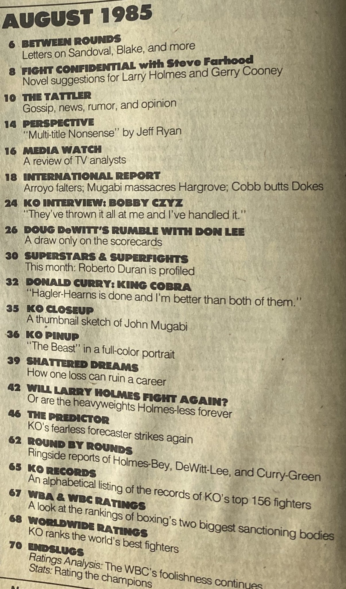 Contents page of KO Boxing Magazine August 1985, featuring highlights such as 'Between Rounds,' 'Fight Confidential,' and 'International Report.' Detailed boxing insights and commentary included.