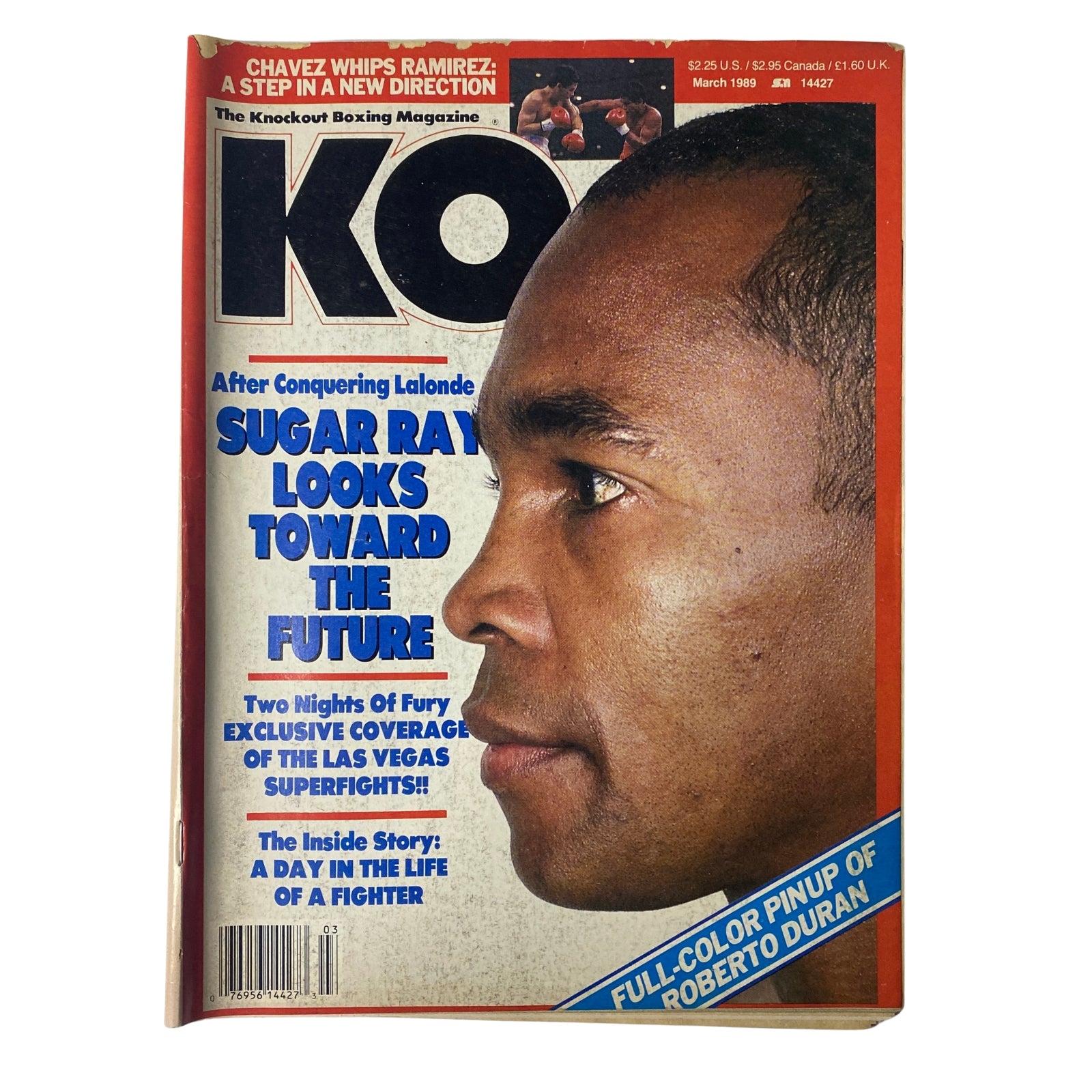 KO Boxing Magazine March 1989 featuring Sugar Ray Leonard on the cover, highlighting his impressive boxing career, good condition, no label.