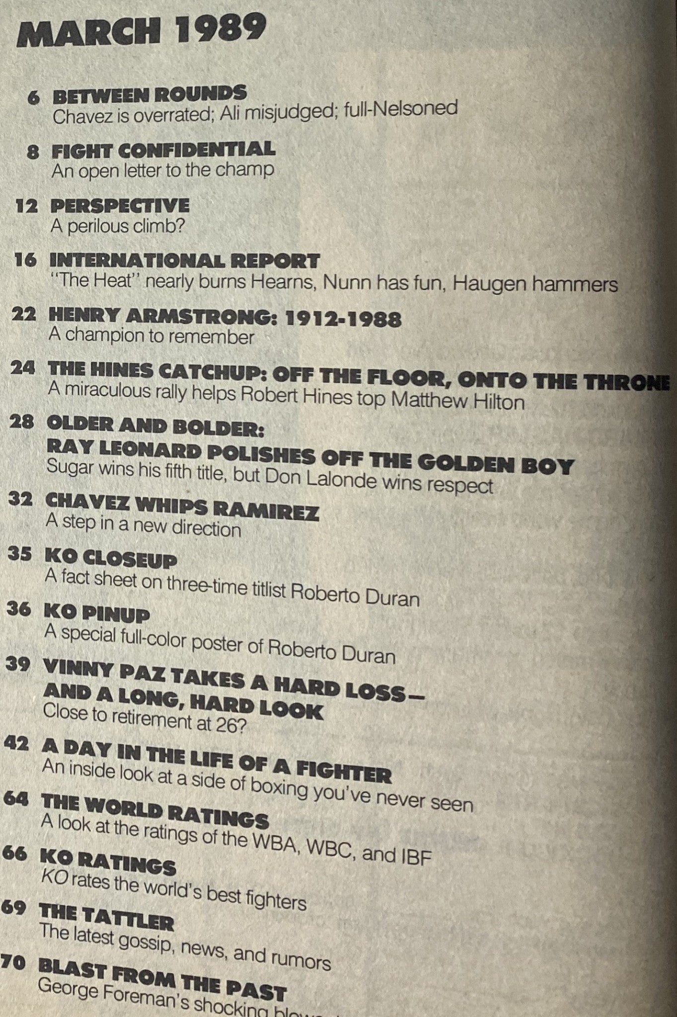 Inside page from KO Boxing Magazine March 1989 detailing articles and features, including Sugar Ray Leonard's career highlights and major boxing events from that month.