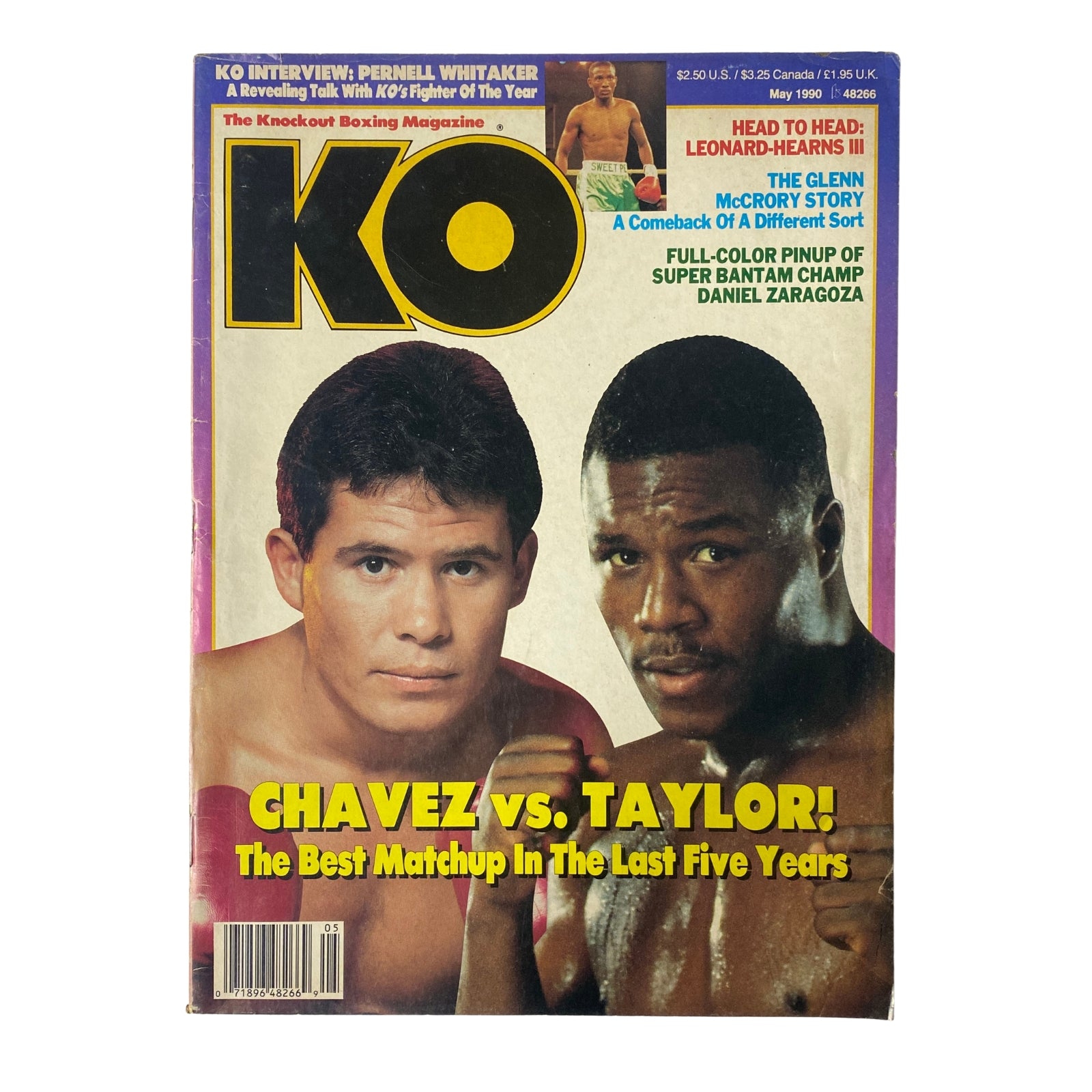 KO Boxing Magazine May 1990 featuring Julio César Chávez vs. Meldrick Taylor on the cover. Highlights include 'The Best Matchup In The Last Five Years' and articles on Pernell Whitaker and Daniel Zaragoza.
