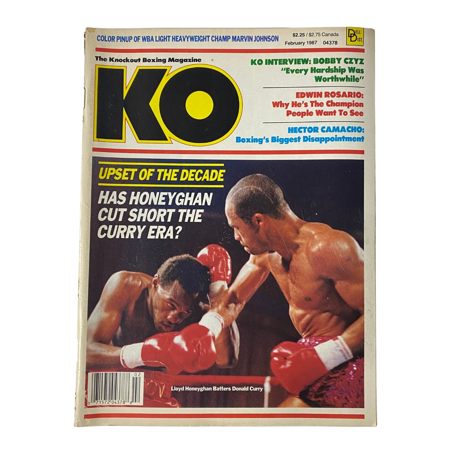 KO Boxing Magazine February 1987 featuring Lloyd Honeyghan vs Donald Curry on the cover, showcasing the upset of the decade in boxing history. The magazine highlights exclusive interviews and rare photographs.