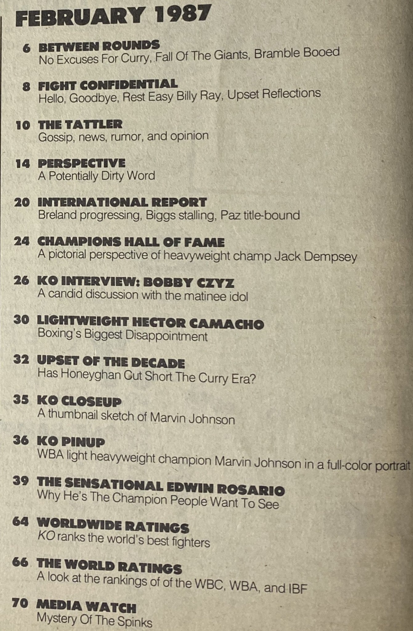 Contents page of KO Boxing Magazine February 1987 detailing articles including 'Between Rounds,' 'Fight Confidential,' and 'Lightweight Report.' Features analysis of Lloyd Honeyghan's fight against Donald Curry.