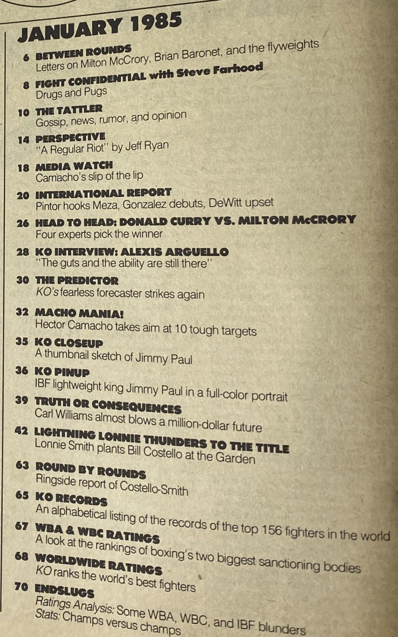 Table of contents from KO Boxing Magazine January 1986, listing features such as 'Fight Confidential', 'KO Interview with Alexis Arguello', and various highlights from the issue focusing on Hector Camacho and other boxing greats.