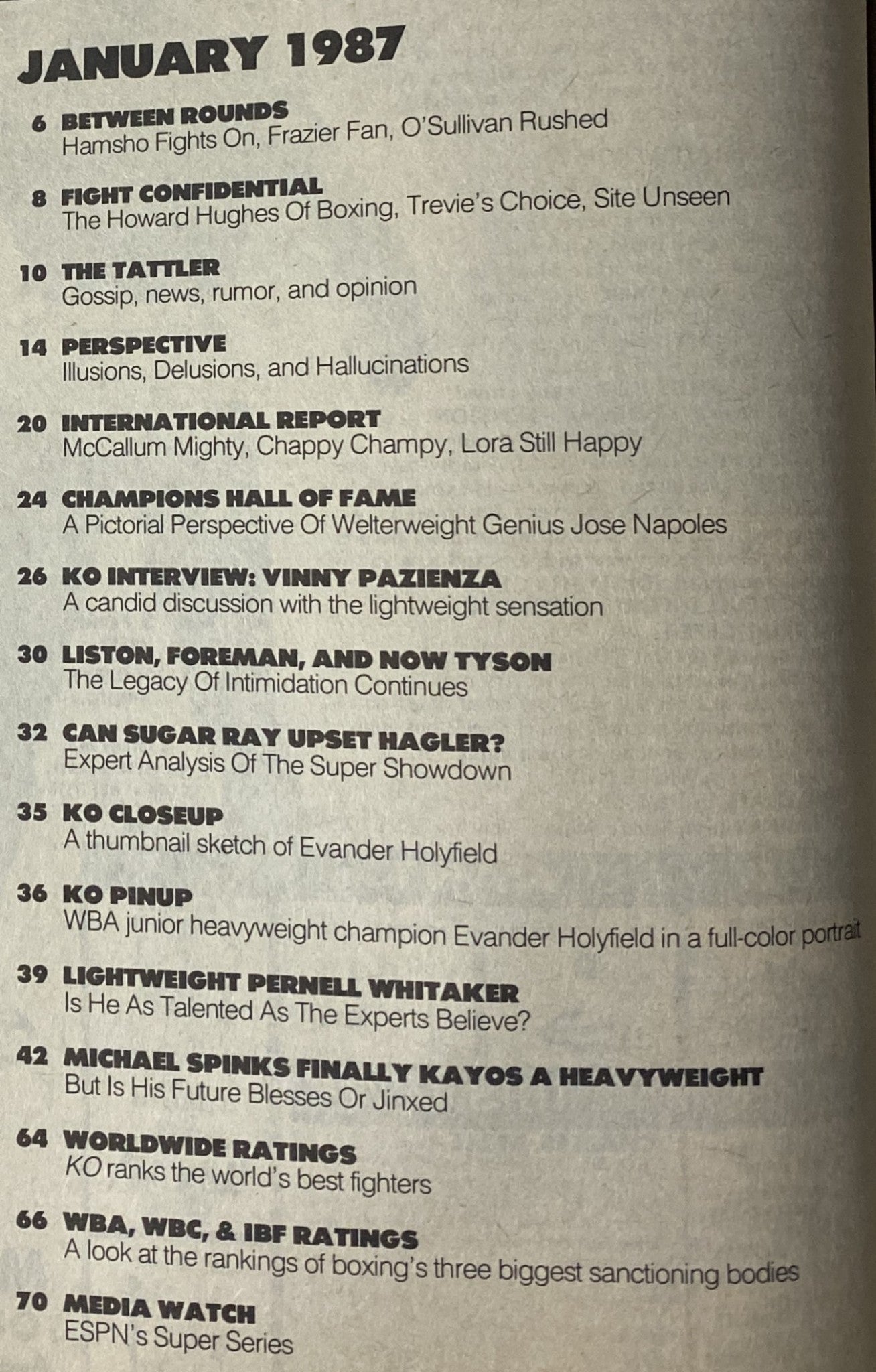 Contents page of KO Boxing Magazine January 1987, listing articles such as 'Can Sugar Ray Upset Hagler?' and interviews, showcasing the boxing events and key figures of the era.