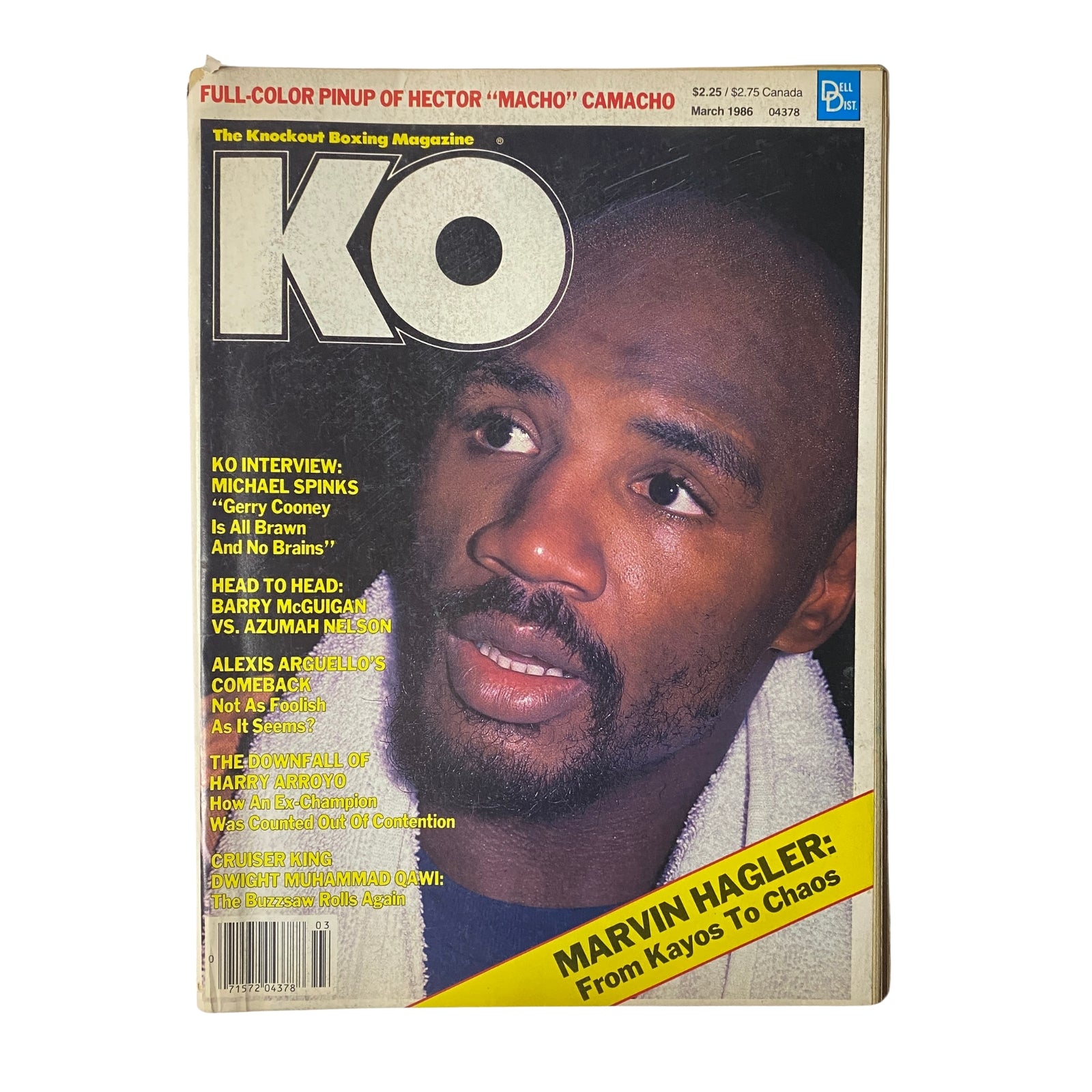 Cover of KO Boxing Magazine March 1986 featuring Marvin Hagler, highlighting his impact on boxing with a full-color pinup of Hector Camacho. Collectible issue in good condition, showcasing iconic boxing personalities and their stories.