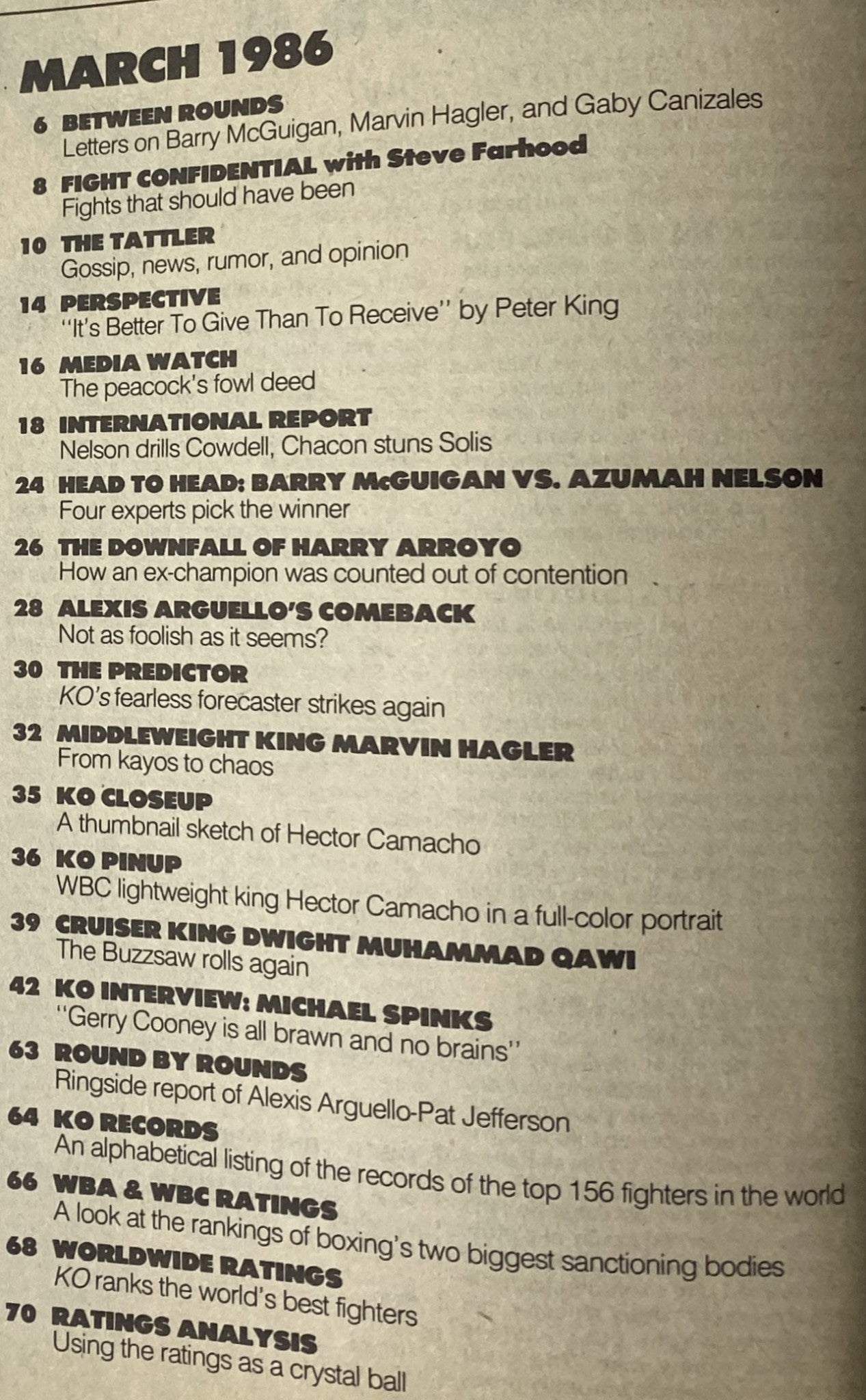 March 1986 KO Boxing Magazine featuring letters on Barry McGuigan, Marvin Hagler, and Gaby Canizales. Contents include Fight Confidential, The Tattler, and more, highlighting significant boxing events and personalities.