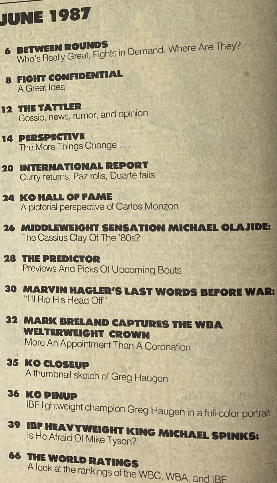 Contents page of KO Boxing Magazine June 1987, listing the highlights such as 'Between Rounds', 'Fight Confidential', and articles on Mark Breland's WBA Welterweight title win and Michael Olajide.