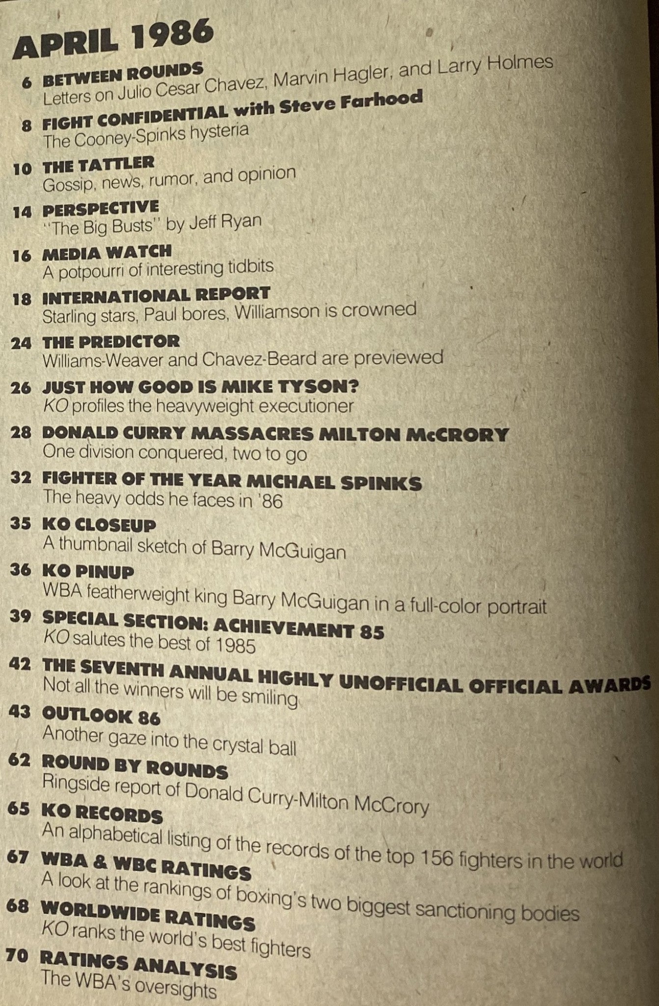 Contents page of KO Boxing Magazine April 1986, detailing featured articles including Donald Curry, Michael Spinks, and boxing ratings.