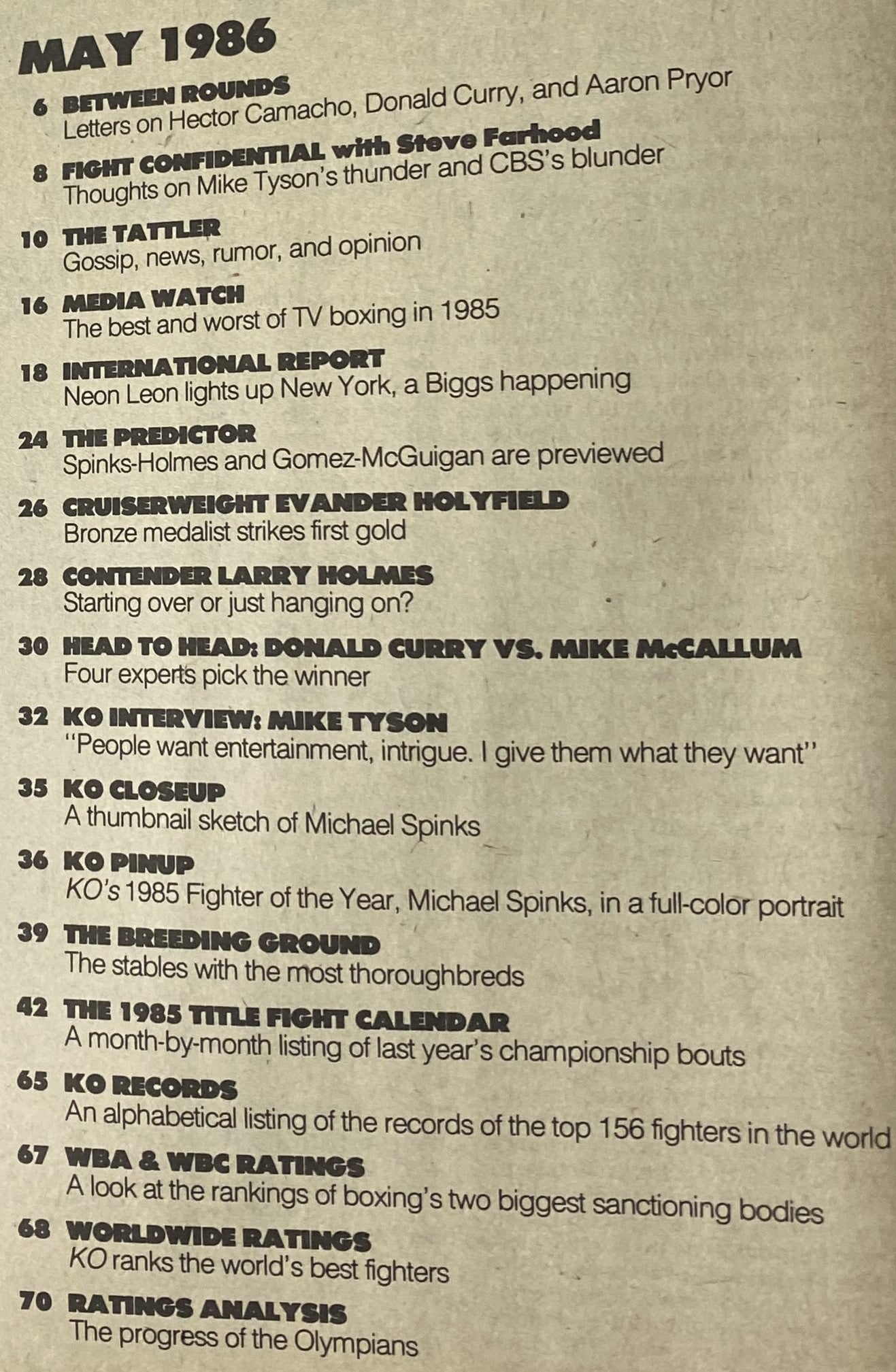 Table of contents from KO Boxing Magazine May 1986 detailing featured articles, including interviews and analyses related to boxing legends like Mike Tyson and Evander Holyfield.