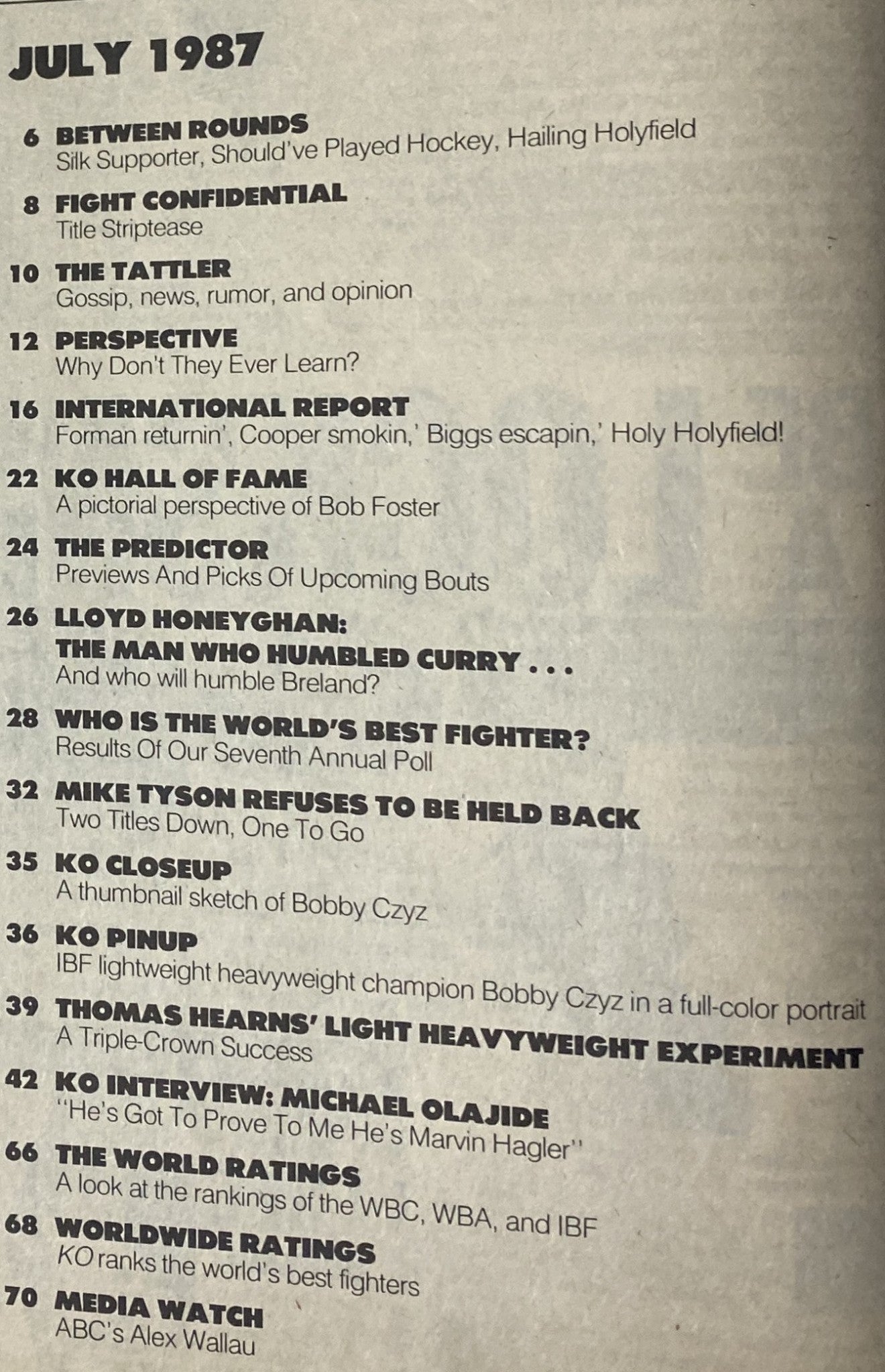 Table of contents for KO Boxing Magazine July 1987, detailing articles such as 'Between Rounds', 'Fight Confidential', and 'KO Pinup', alongside coverage of notable boxers and fights from that era.