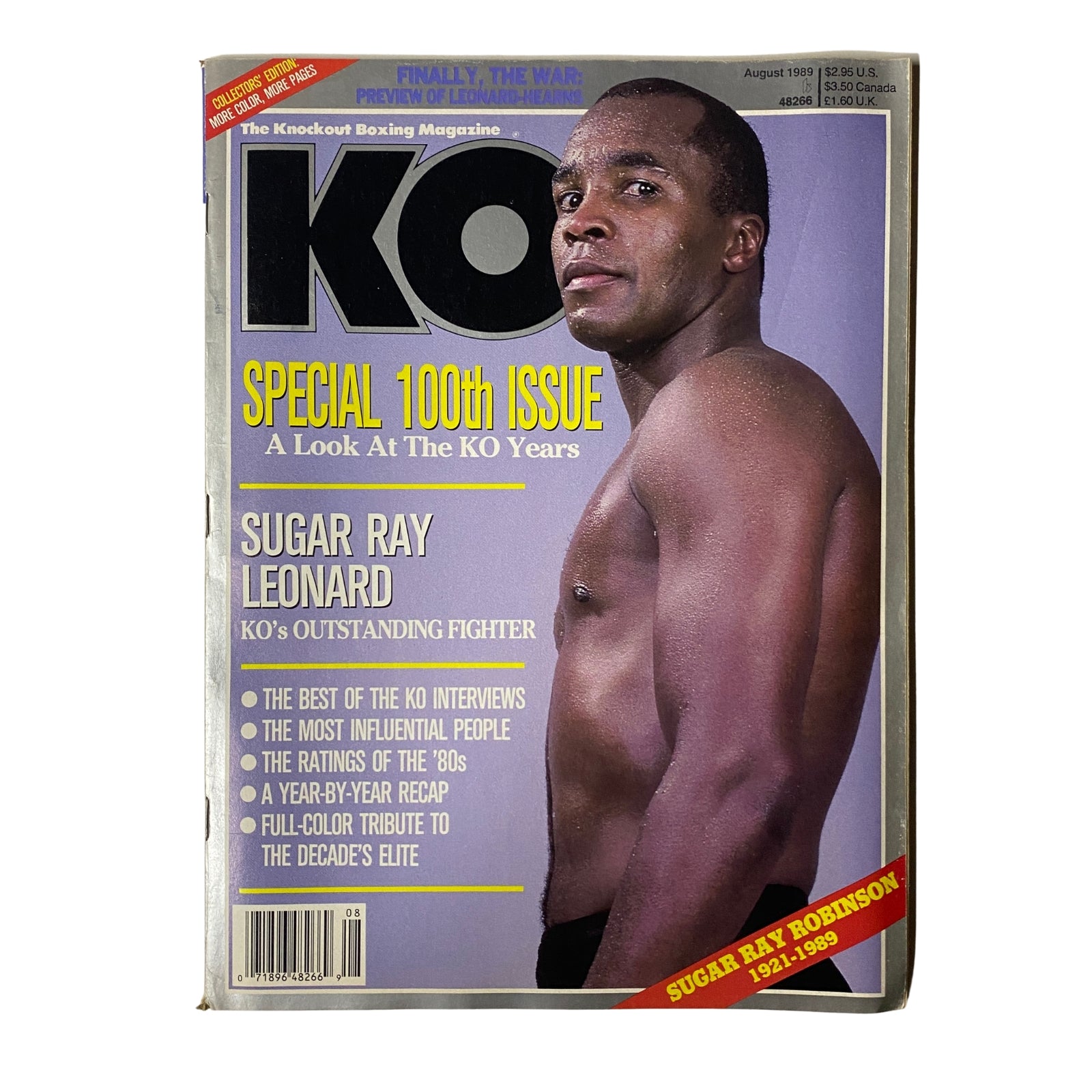 KO Boxing Magazine August 1989 featuring Sugar Ray Leonard on the cover, celebrating its 100th issue. The cover highlights KO's best fighters and memorable events from the sport.