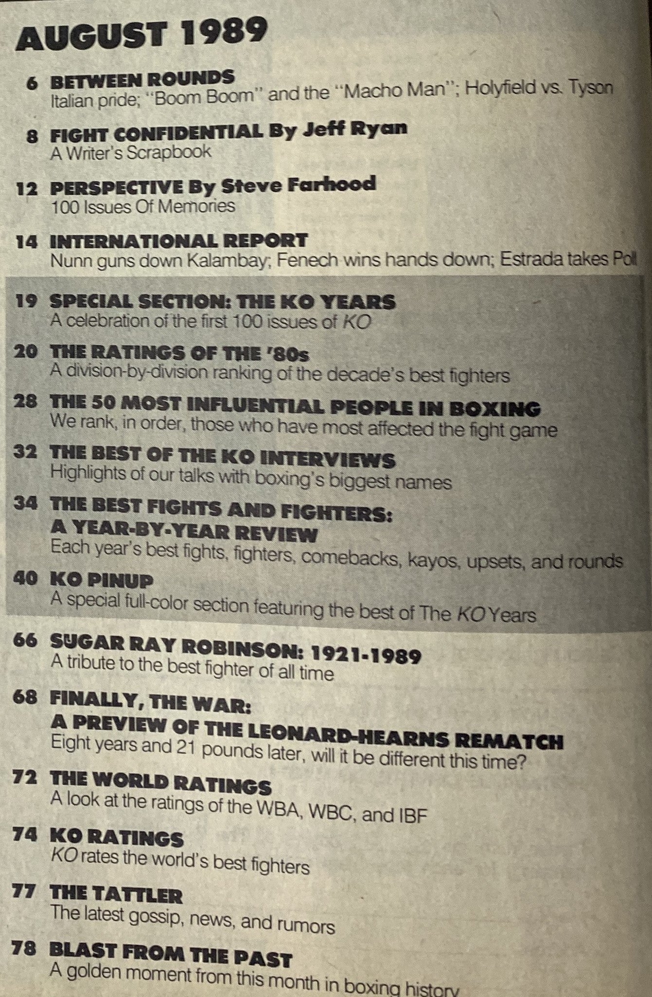 Inside page of KO Boxing Magazine August 1989, listing contents such as feature articles, interviews, and highlights of the month, including Sugar Ray Leonard and Thomas Hearns.