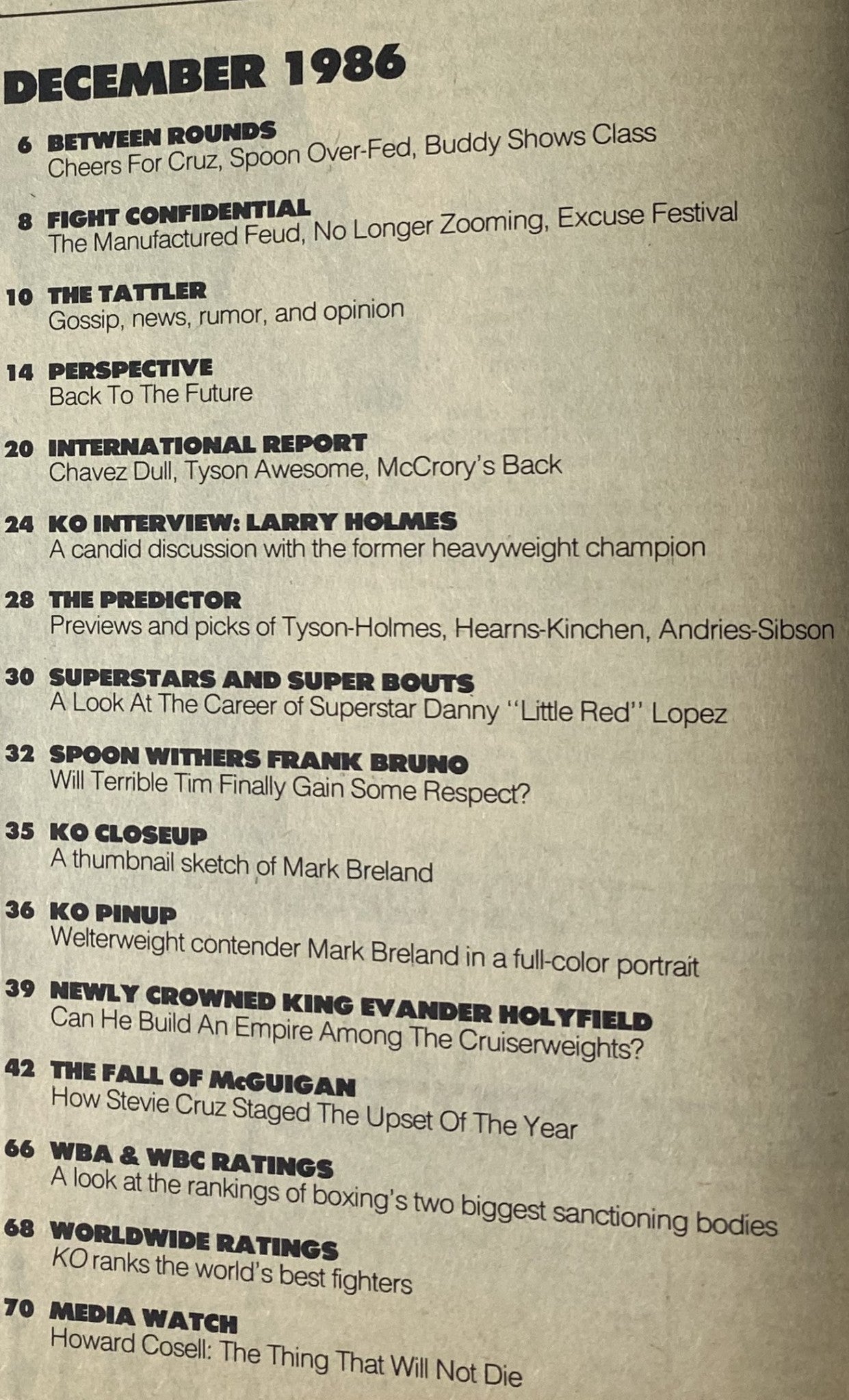Contents page of KO Boxing Magazine December 1986, detailing features including Larry Holmes interview, Tyson-Holmes preview, and boxing insights. Highlights the excitement of the 1980s boxing scene.