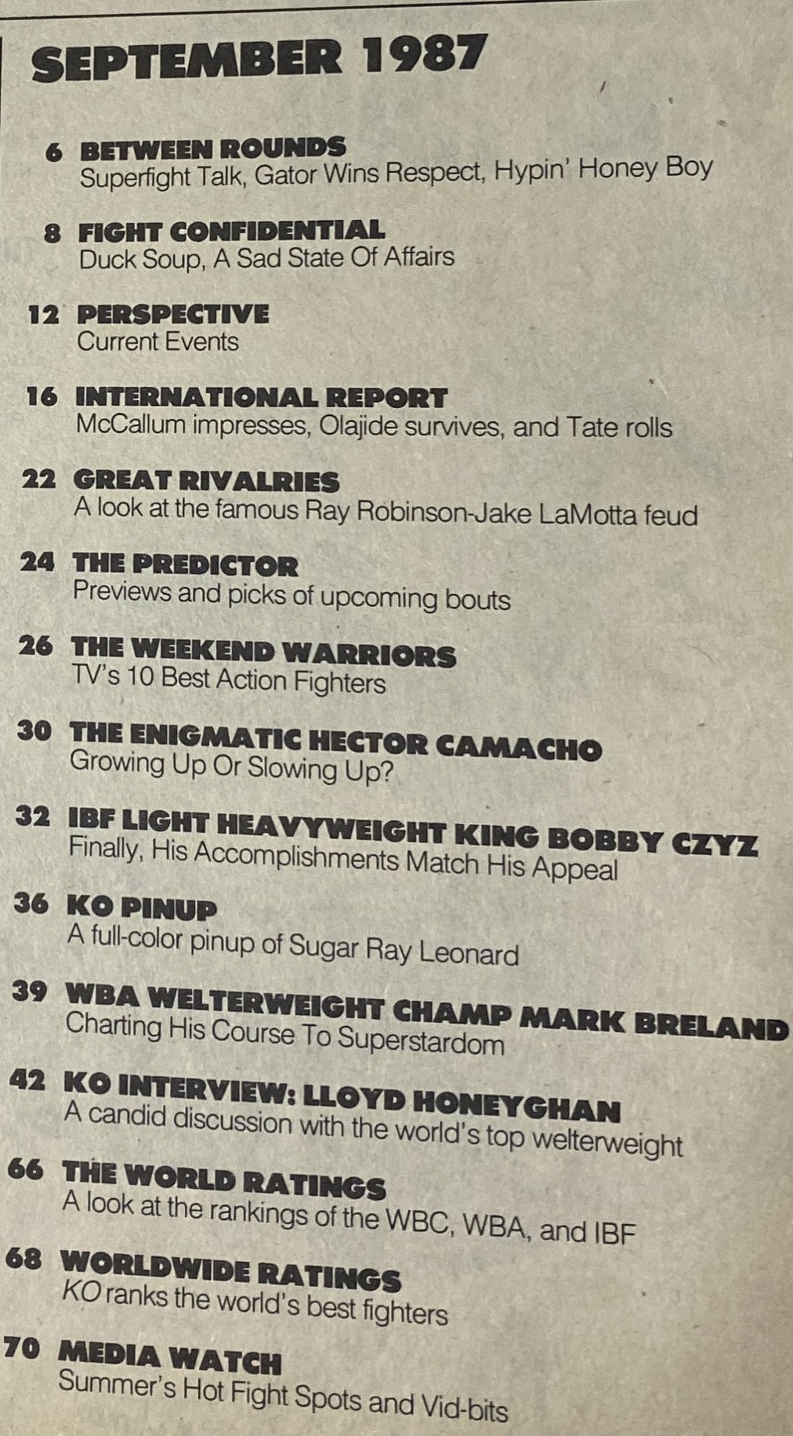 September 1987 issue of KO Boxing Magazine featuring highlights, articles, and boxers including Bobby Czyz and Jim McDonald on the cover. Contains features on renowned boxers, rankings, and reviews from the late 80s boxing scene.