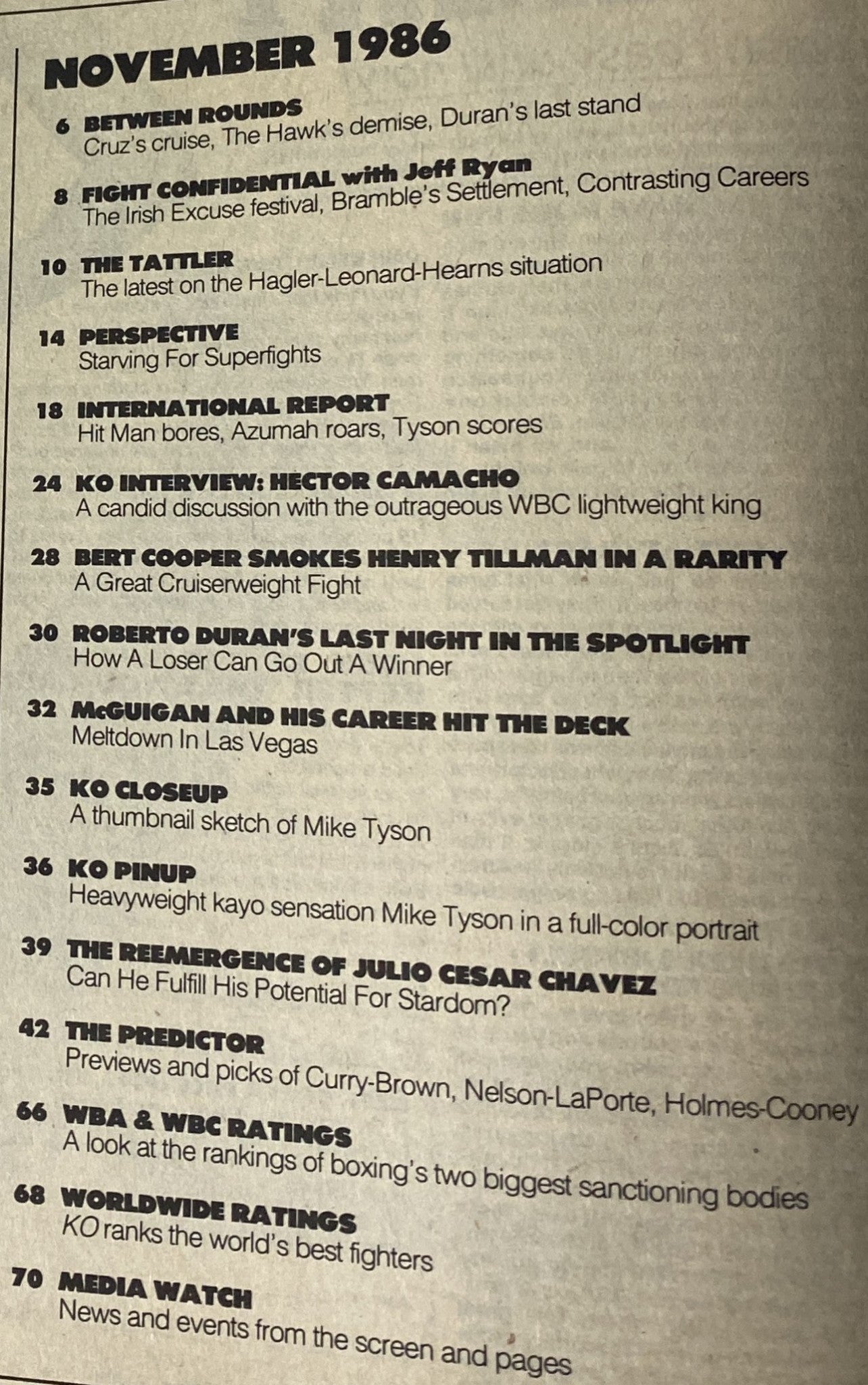 Interior page of KO Boxing Magazine November 1986, outlining contents such as 'Between Rounds', 'KO Interview with Hector Camacho', and updates on boxing legends. Highlights significant boxing events from that era.