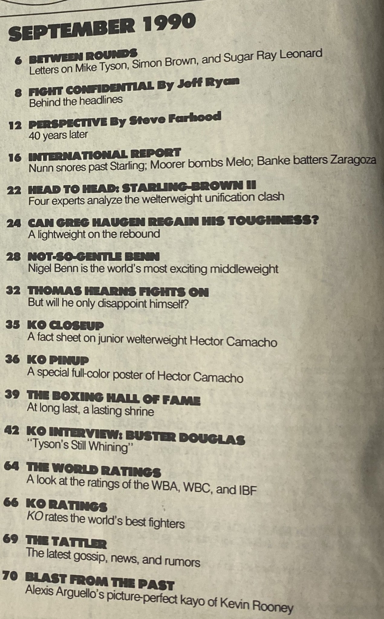 Table of contents from KO Boxing Magazine September 1990 featuring articles on Mike Tyson, Simon Brown, and boxing updates, showcasing highlights of the issue with Buster Douglas on the cover.