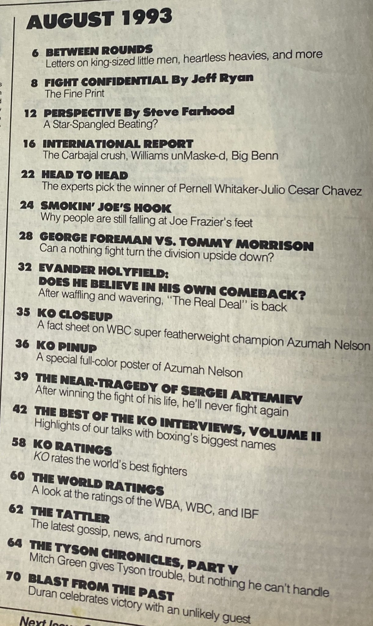 Table of contents from KO Boxing Magazine August 1993, outlining features including Between Rounds, Fight Confidential, and expert analyses of the Whitaker vs. Chávez matchup.