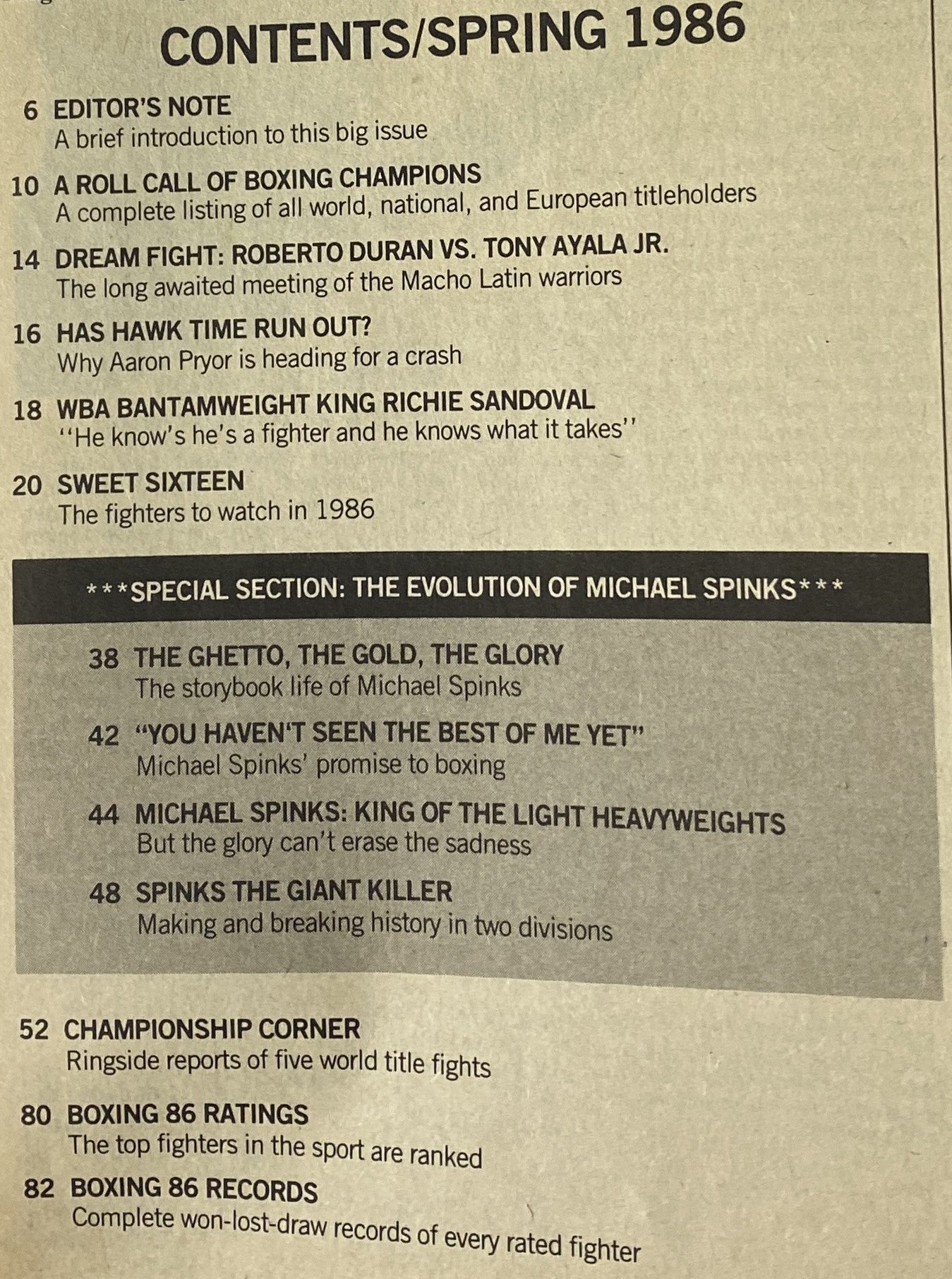 Contents page from Boxing 86 Magazine Spring 1986 featuring Marvin Hagler and Michael Spinks. Lists articles such as 'A Roll Call of Boxing Champions' and 'The Evolution of Michael Spinks'.