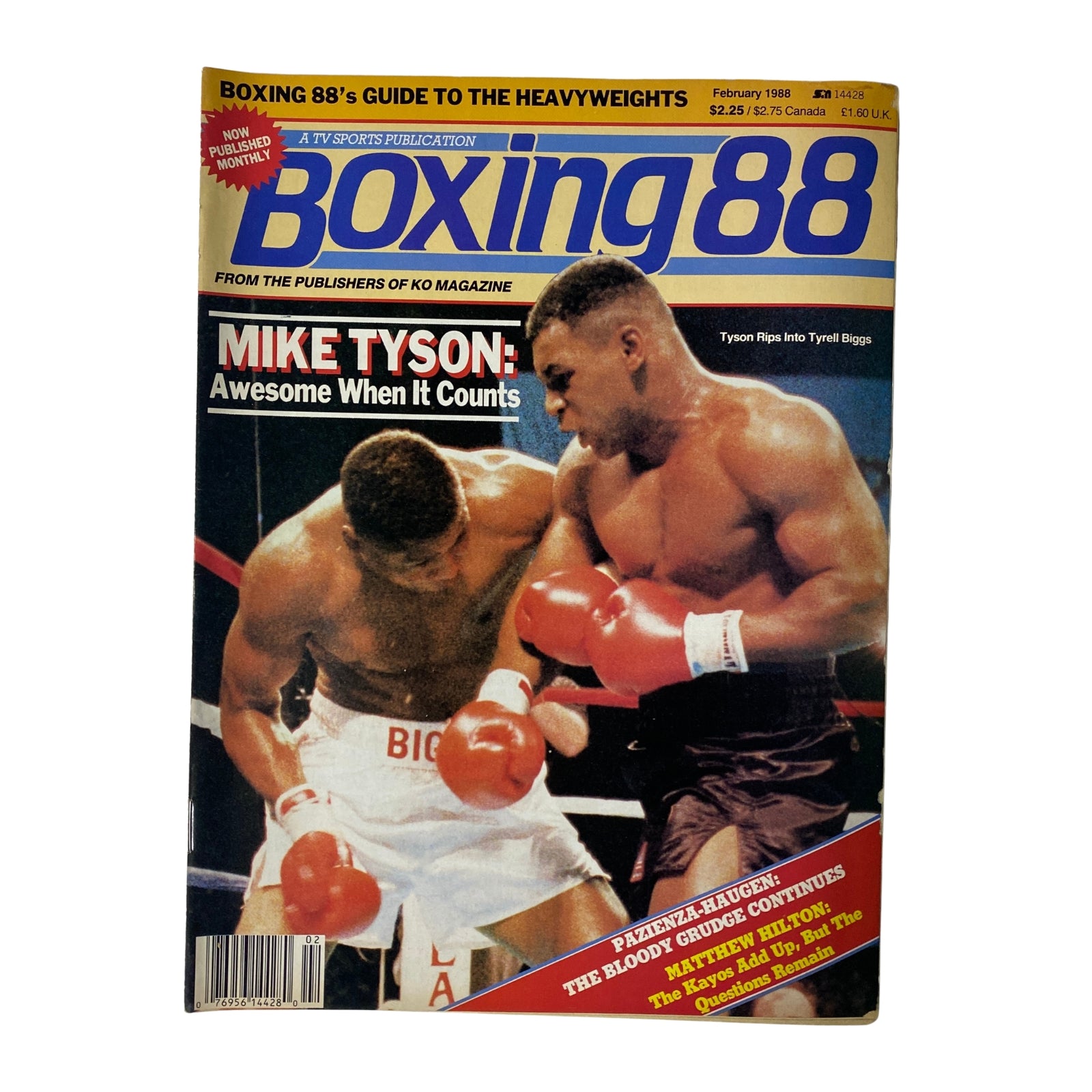 Cover of Boxing 88 Magazine February 1988 featuring Mike Tyson with the headline 'Awesome When It Counts', highlighting Tyson's knockout victory over Tyrell Biggs.