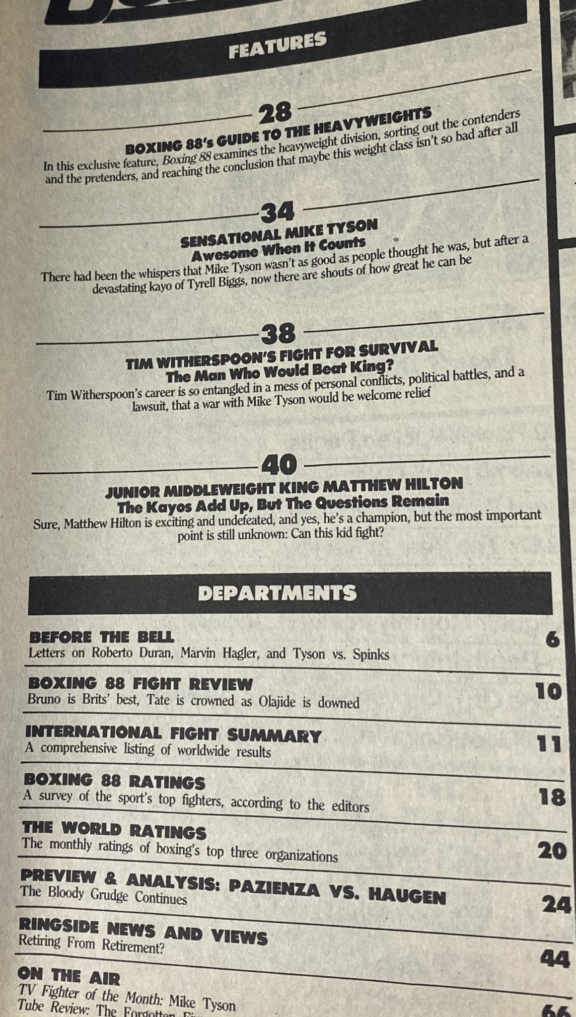 Inside page of Boxing 88 Magazine February 1988 showcasing features and departments, including 'Boxing 88's Guide to the Heavyweights' and 'Tim Witherspoon's Fight for Survival'.