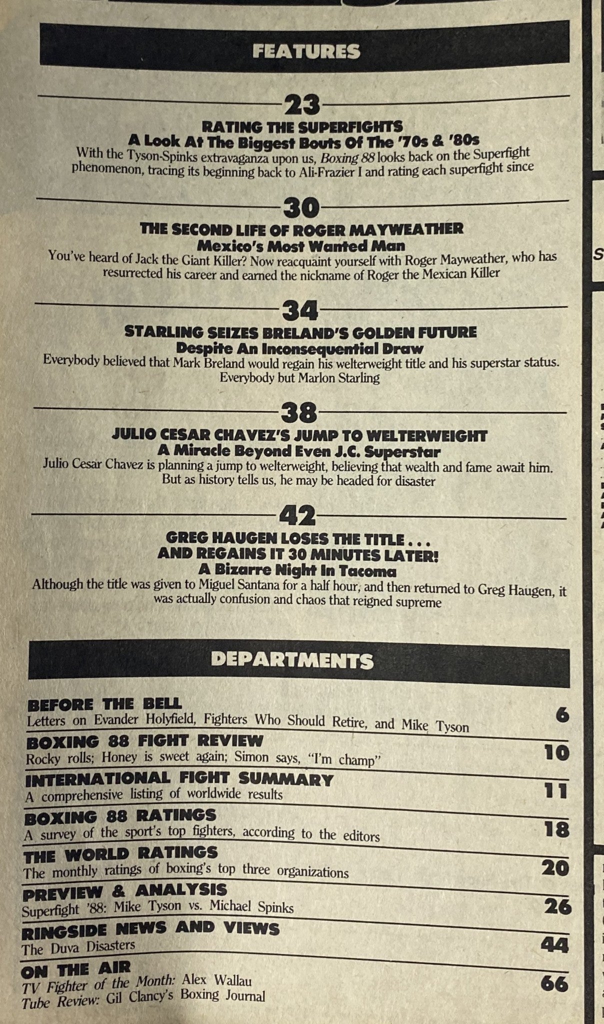 Contents page of Boxing 88 Magazine August 1988, detailing feature articles including 'Rating the Superfights' and 'The Second Life of Roger Mayweather.' Examining boxing history and match highlights.