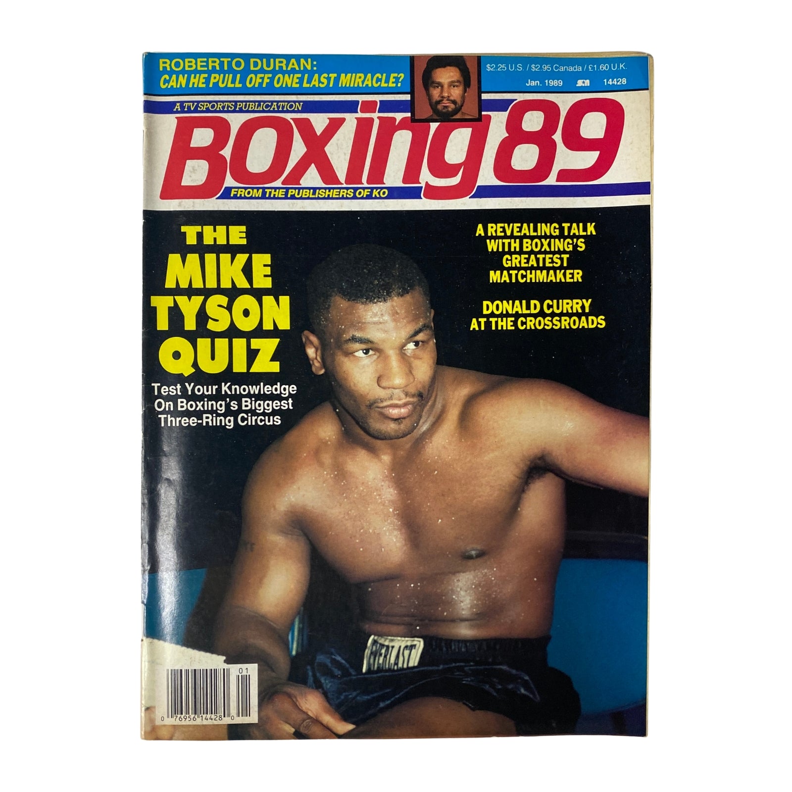Cover of Boxing 89 Magazine from January 1989 featuring Mike Tyson, with the title 'The Mike Tyson Quiz' and highlighting the feature on Donald Curry.