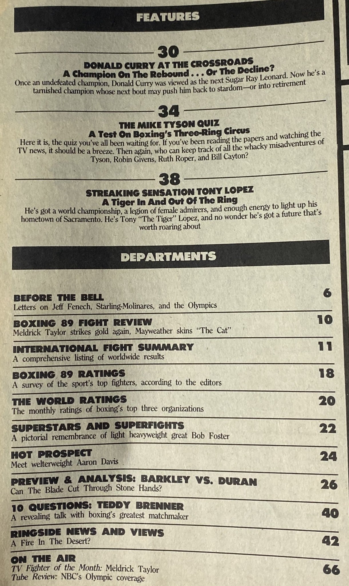Contents page of Boxing 89 Magazine January 1989, detailing features such as 'Donald Curry at the Crossroads' and 'The Mike Tyson Quiz'.