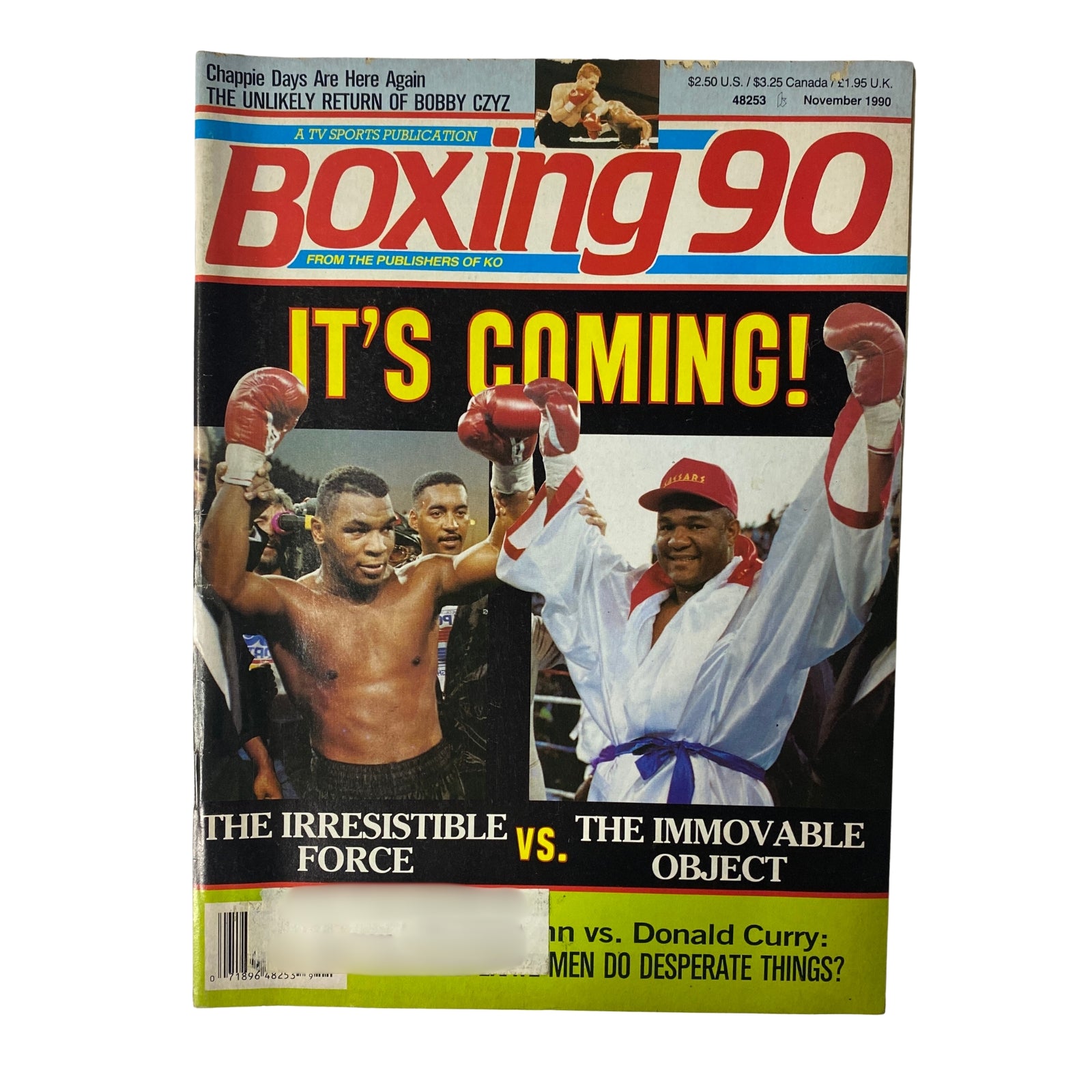 Boxing 90 Magazine November 1990 featuring Mike Tyson and Donald Curry on the cover, highlighting the upcoming fight and showcasing an era of boxing legends.