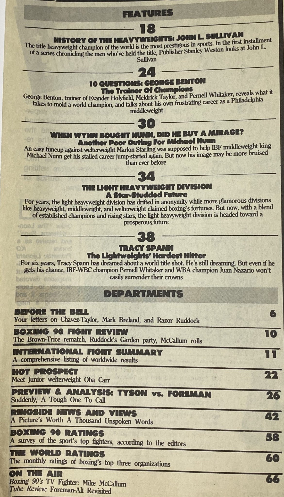 Table of contents from the September 1990 issue of Boxing 90 Magazine, detailing features and articles including the history of heavyweights and interviews with boxing trainers.