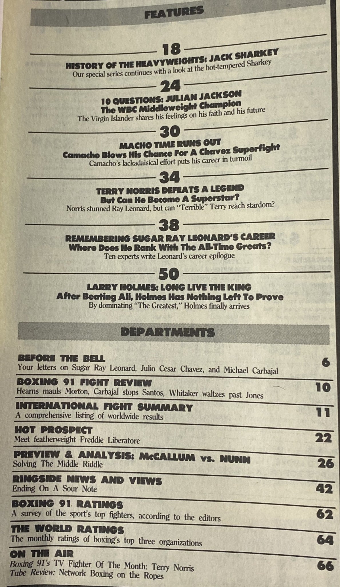 Inside page of Boxing 91 Magazine July 1991, detailing features like 'History of the Heavyweights: Jack Sharkey' and '10 Questions: Julian Jackson'. Provides insights into boxing legends and current champions.
