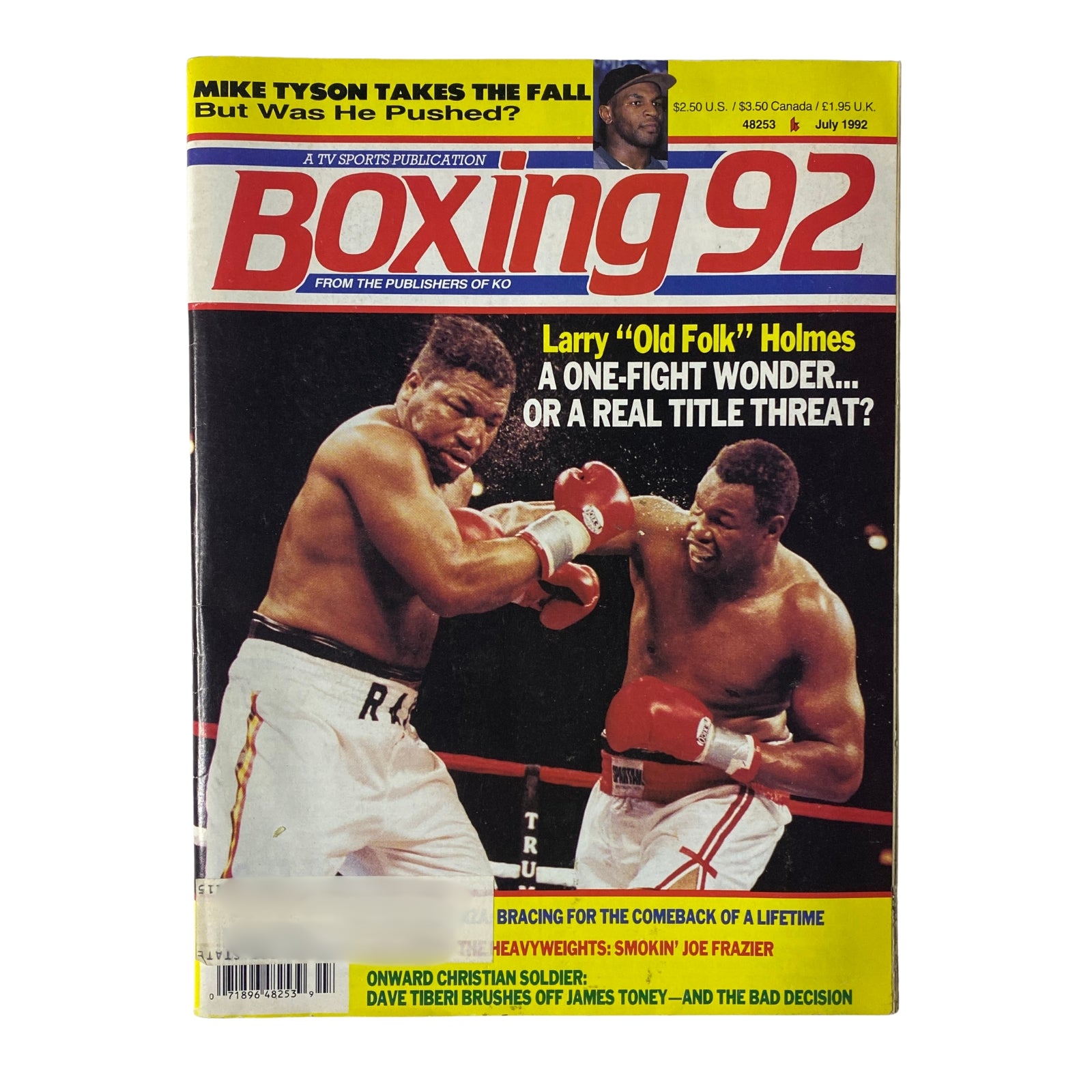 Boxing 92 Magazine July 1992 cover featuring Larry Holmes and Joe Frazier, highlighting boxing legends with articles on Tyson, Holmes, and Frazier.