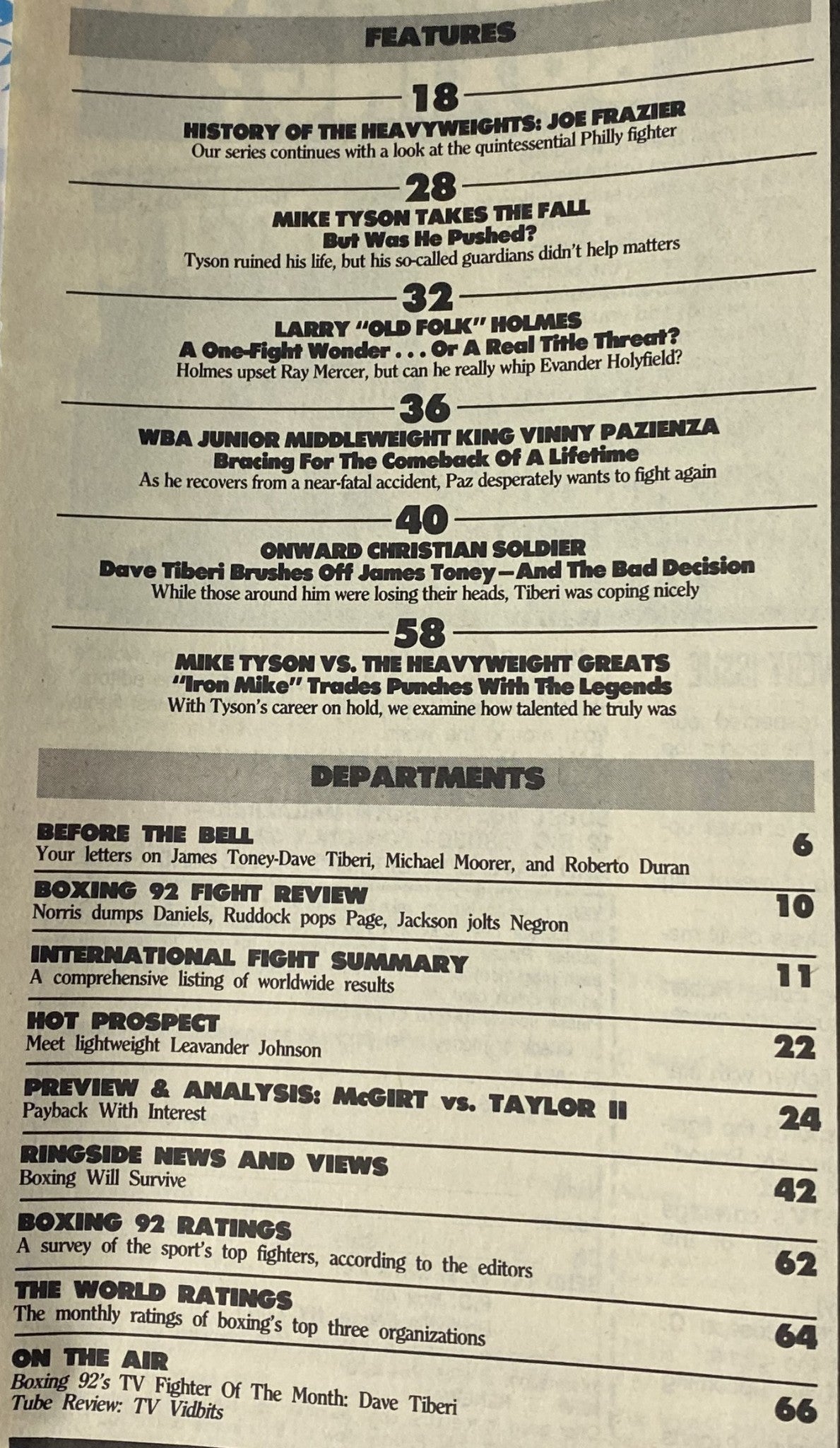 Interior page of Boxing 92 Magazine July 1992 detailing features including Mike Tyson's fall, the history of heavyweights, and fight reviews.