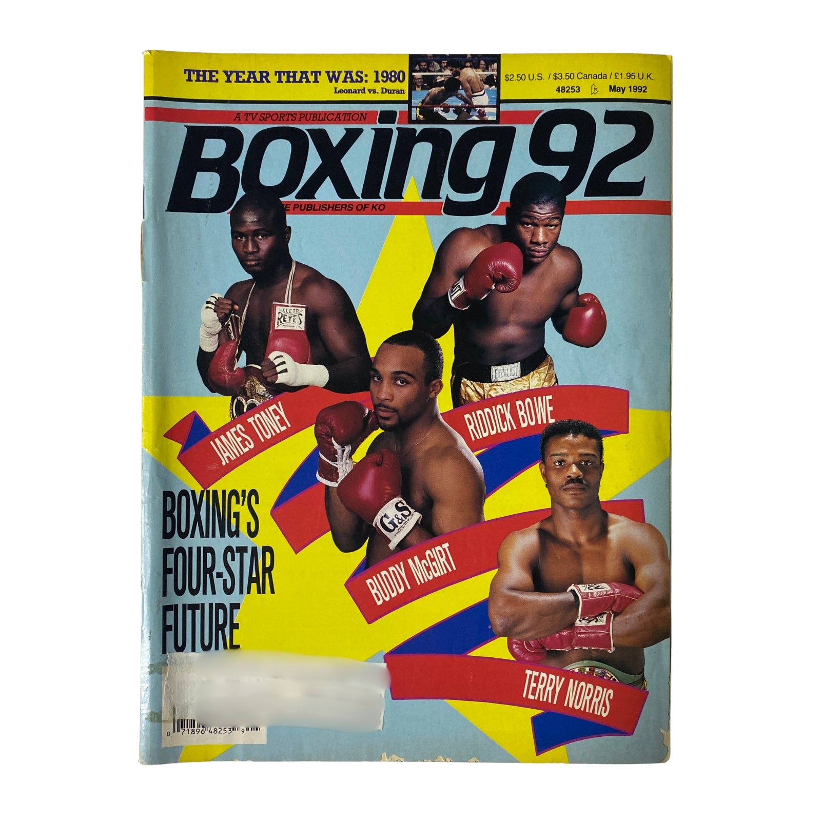 Boxing 92 Magazine May 1992 Cover featuring James Toney, Riddick Bowe, Buddy McGirt, and Terry Norris, showcasing boxing's 'Four-Star Future.' Good condition magazine for collectors.
