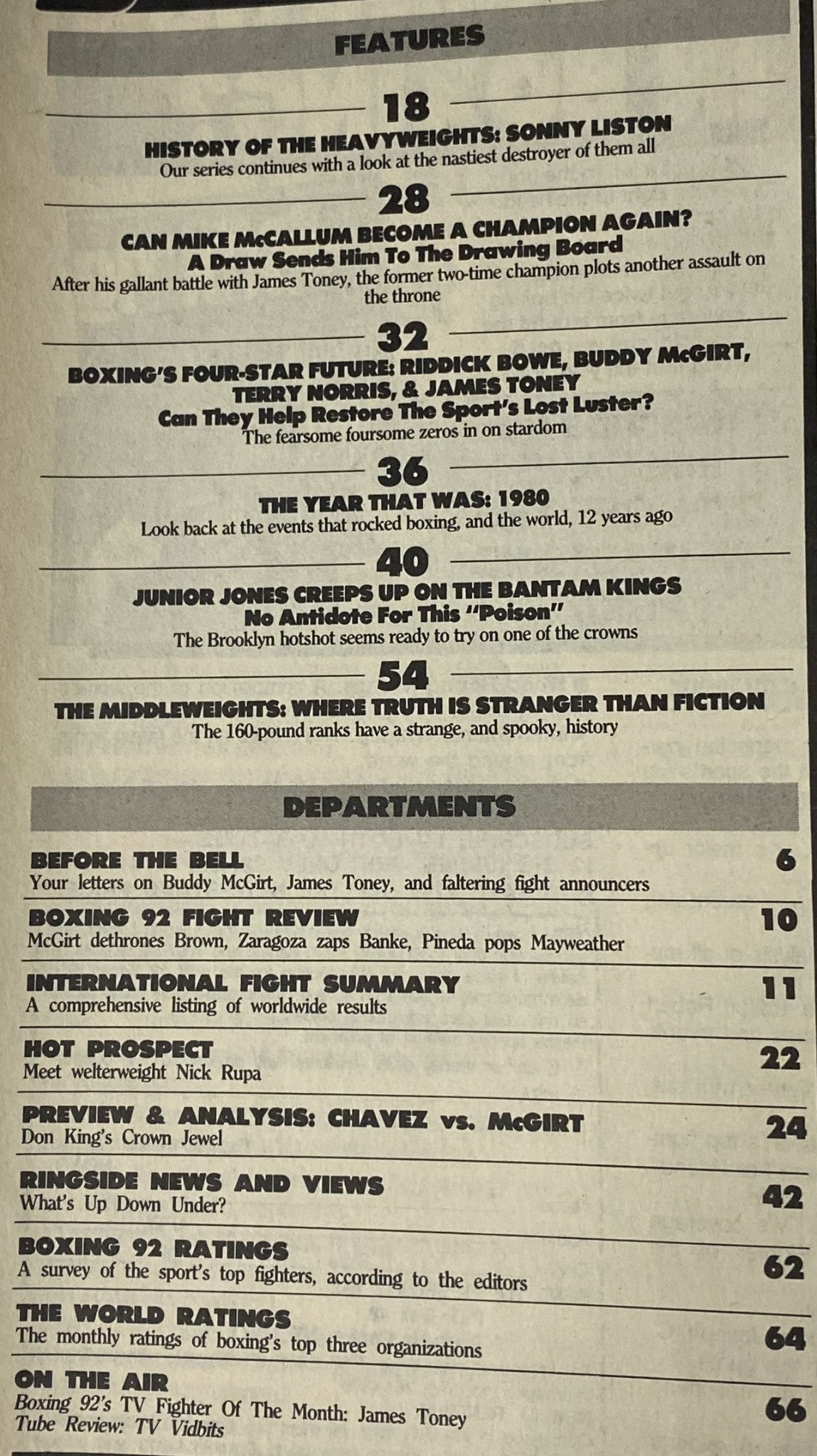Contents page of Boxing 92 Magazine May 1992 outlining features such as 'History of the Heavyweights' and 'Boxing's Four-Star Future,' highlighting significant boxing articles and insights.