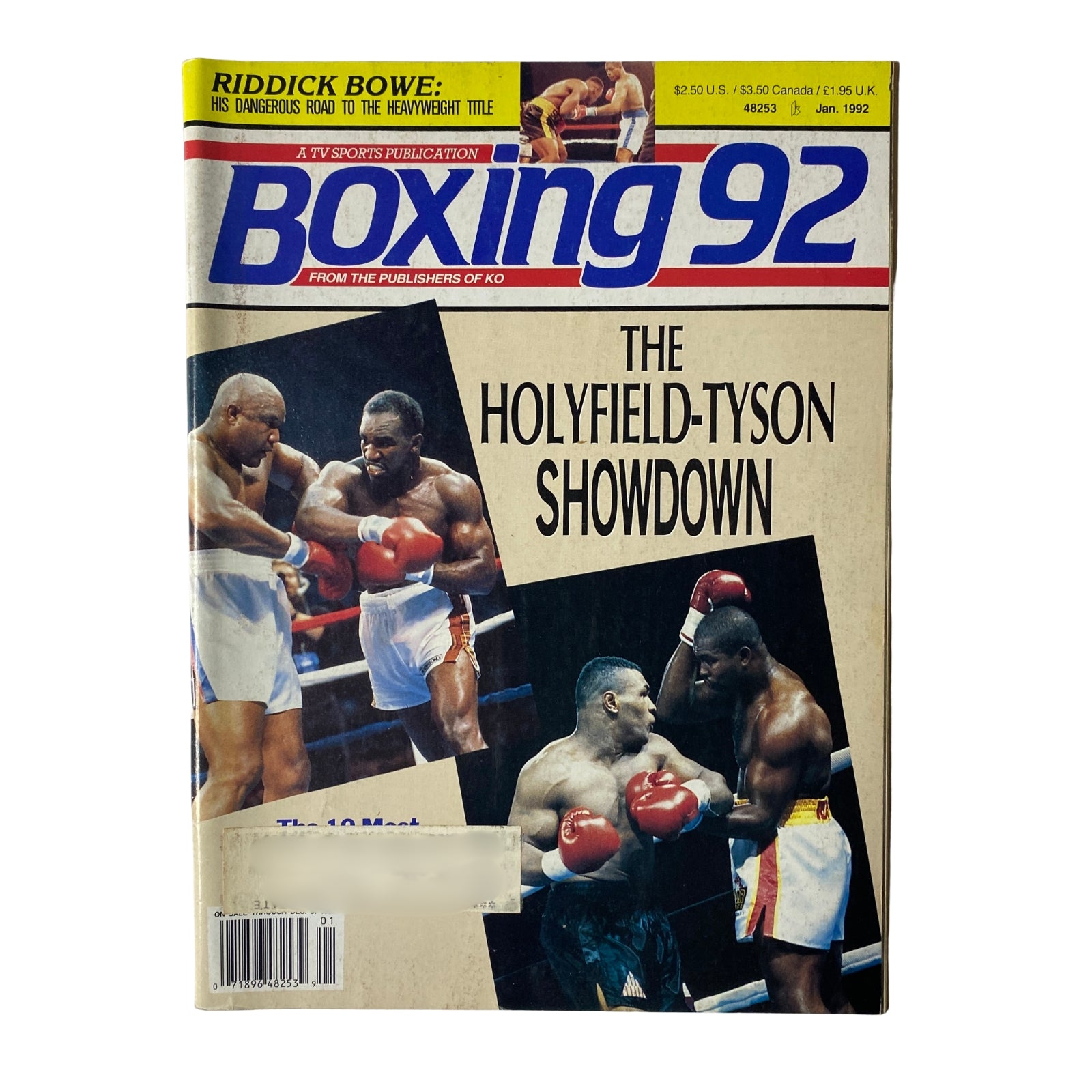 Boxing 92 Magazine January 1992 cover featuring Mike Tyson vs Evander Holyfield, highlighting the showdown between the two boxing legends.