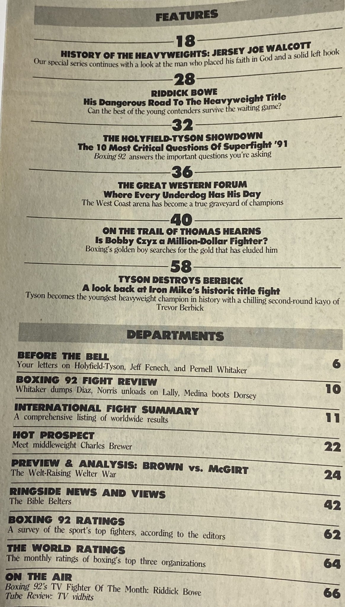 Inside page of Boxing 92 Magazine January 1992 showcasing the features including the history of heavyweights and fight reviews, focused on the Tyson vs Holyfield matchup.