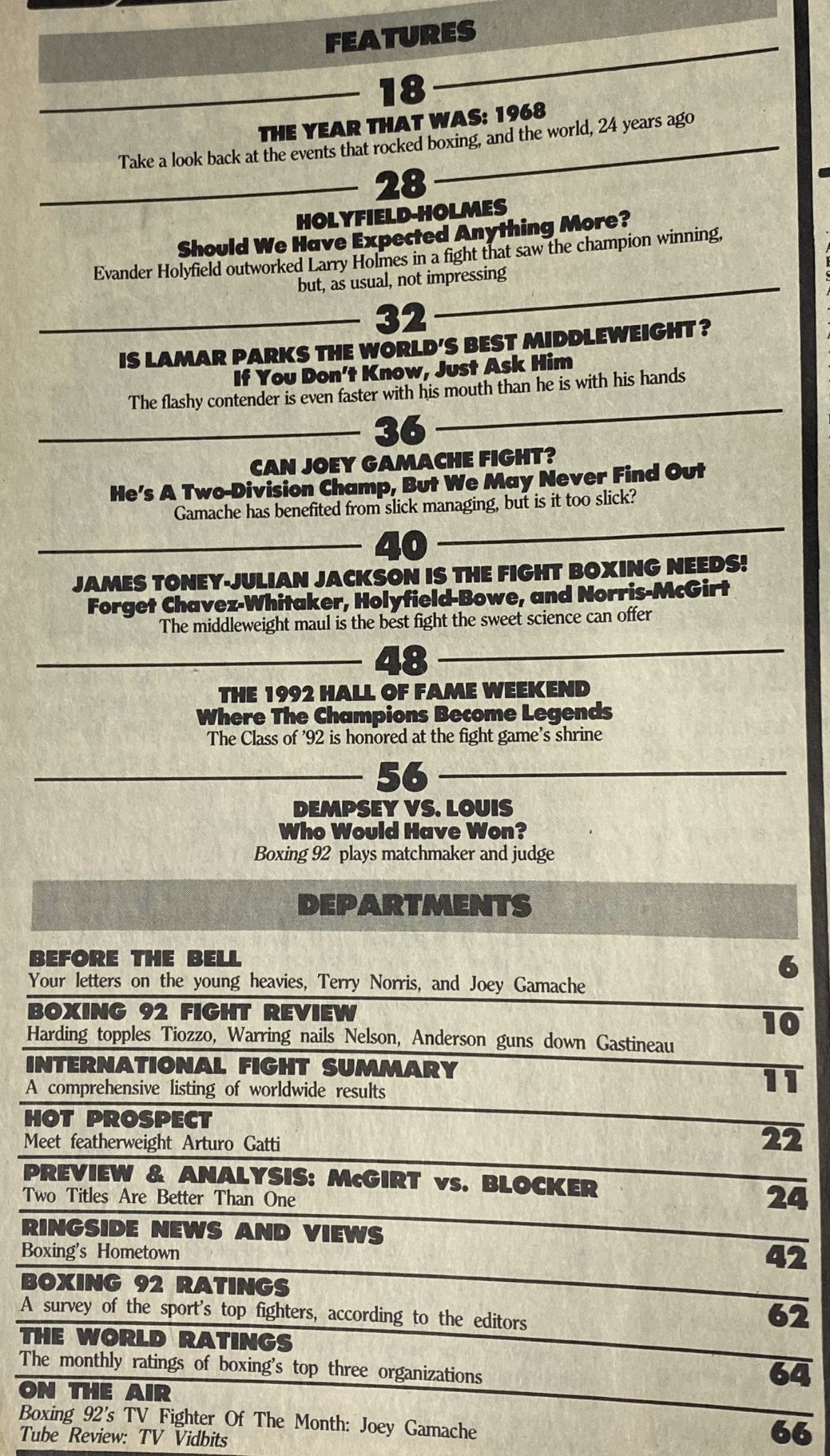Features page from Boxing 92 Magazine November 1992 featuring highlights such as 'The Year That Was: 1968', 'Holyfield-Holmes', and 'Is Lamar Parks the World’s Best Middleweight?'. The issue showcases significant boxing events and figures, including Evander Holyfield and Larry Holmes, making it a must-read for boxing enthusiasts.