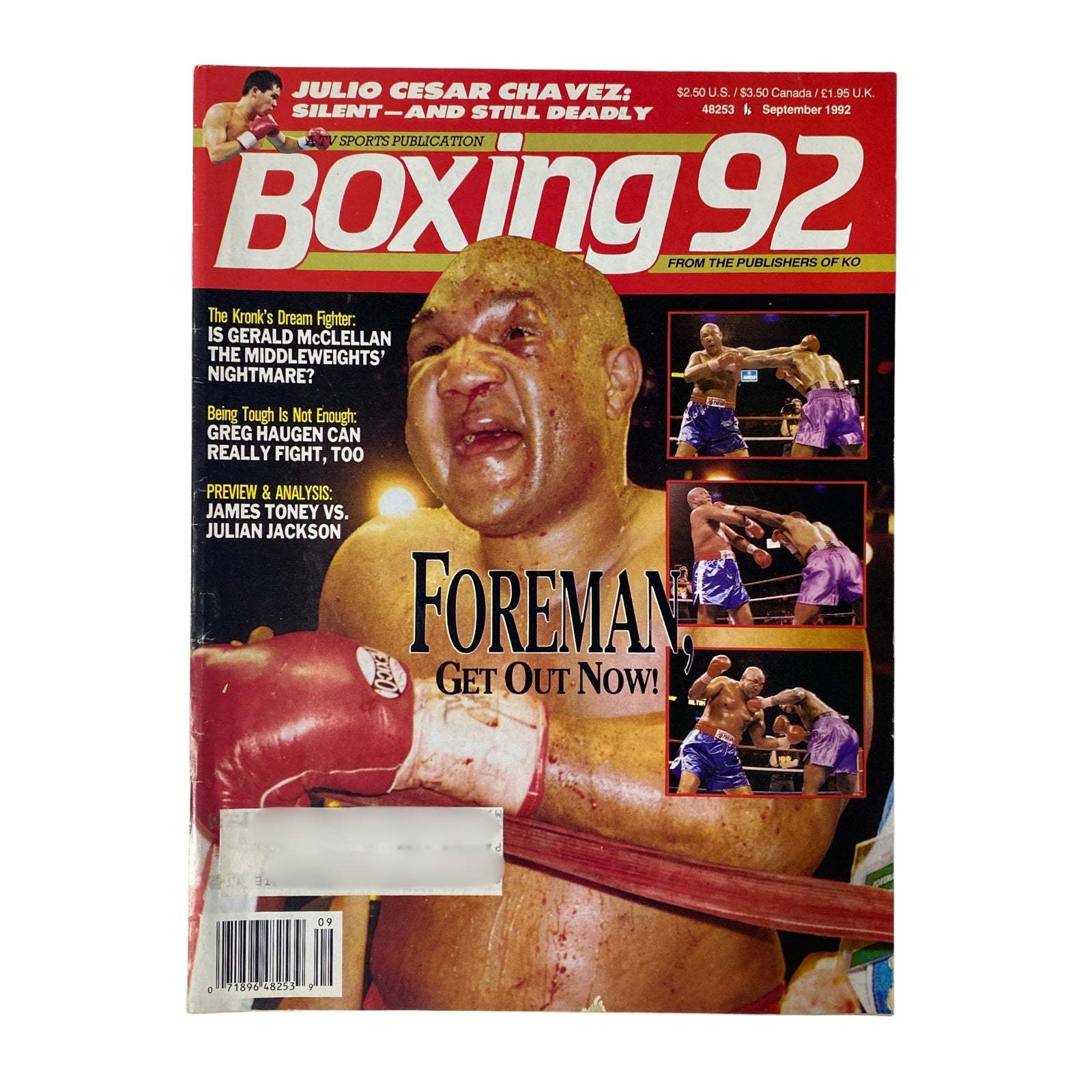 Cover of Boxing 92 Magazine from September 1992 featuring George Foreman with the title 'Boxing 92 Magazine September 1992 George Foreman Cover VG' highlighting his comeback.