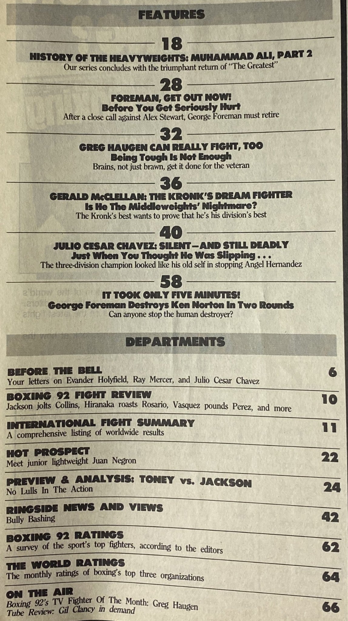 Inside page of Boxing 92 Magazine September 1992 detailing features including 'History of the Heavyweights' and 'Foreman, Get Out Now!' with the title 'Boxing 92 Magazine September 1992 George Foreman Cover VG'.