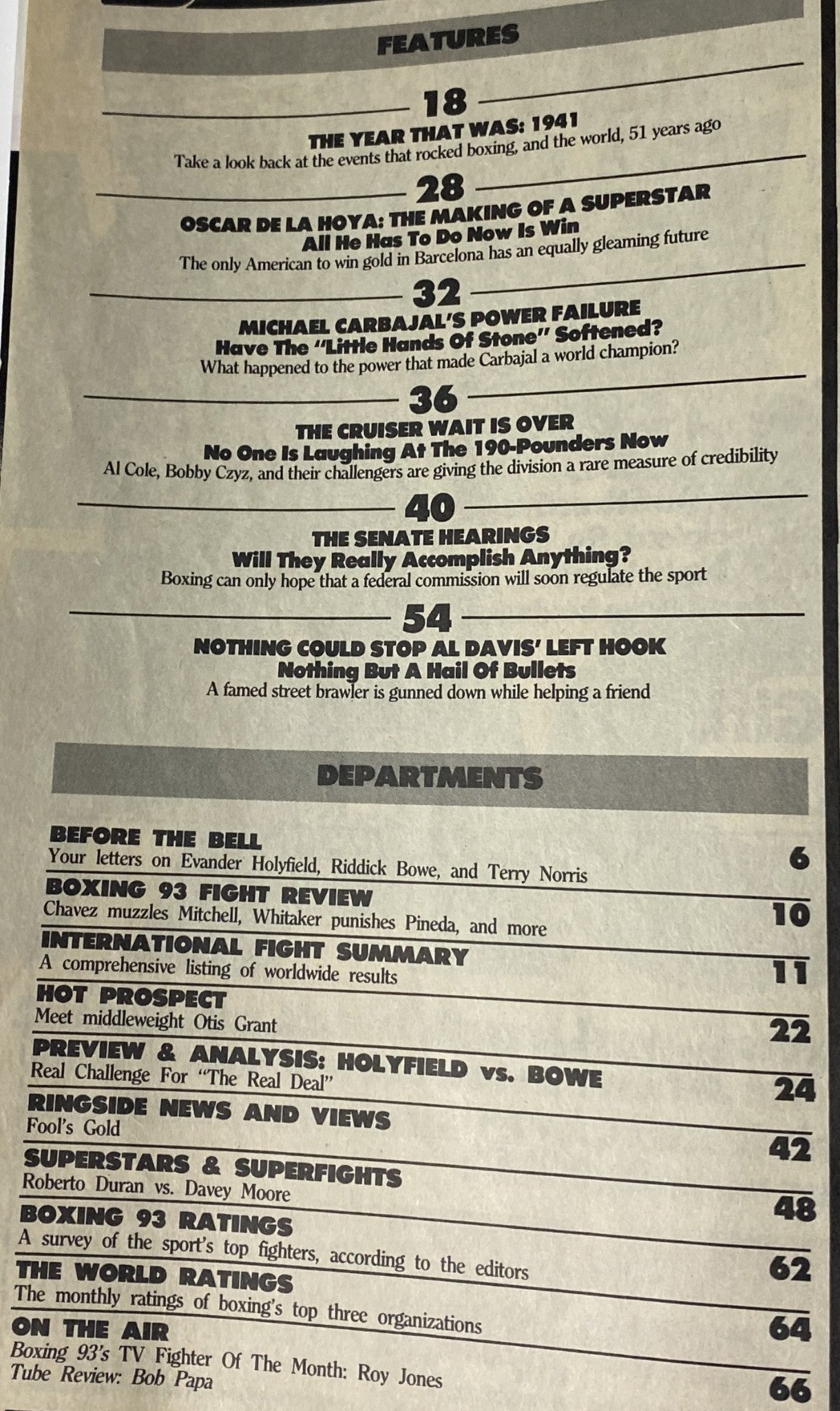 Interior page of Boxing 93 Magazine January 1993, displaying features and departments section including articles about Evander Holyfield and Riddick Bowe, showcasing highlights of the boxing scene in the early 1990s.