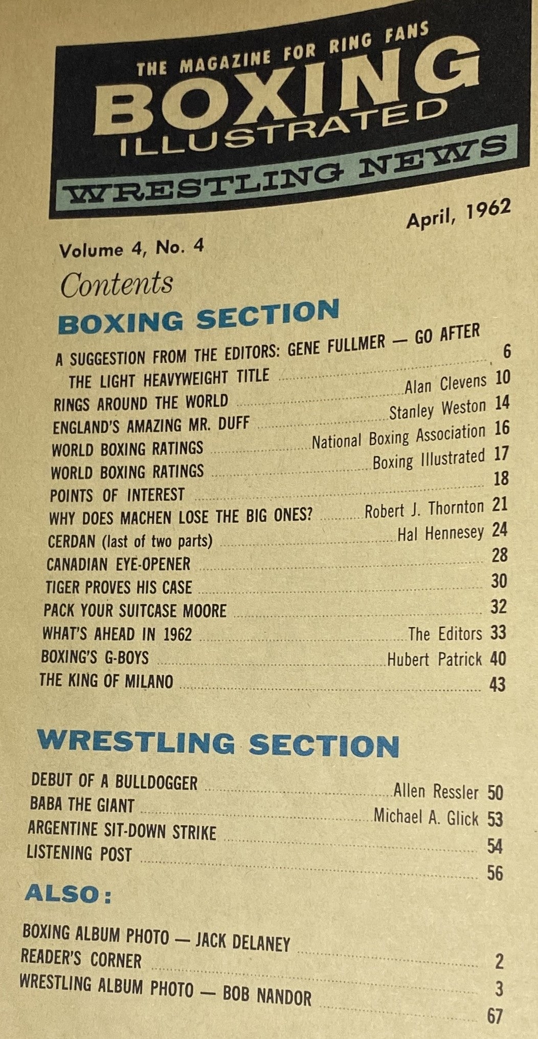 Boxing Illustrated Magazine April 1962 Gene Fullmer Cover No Label VG