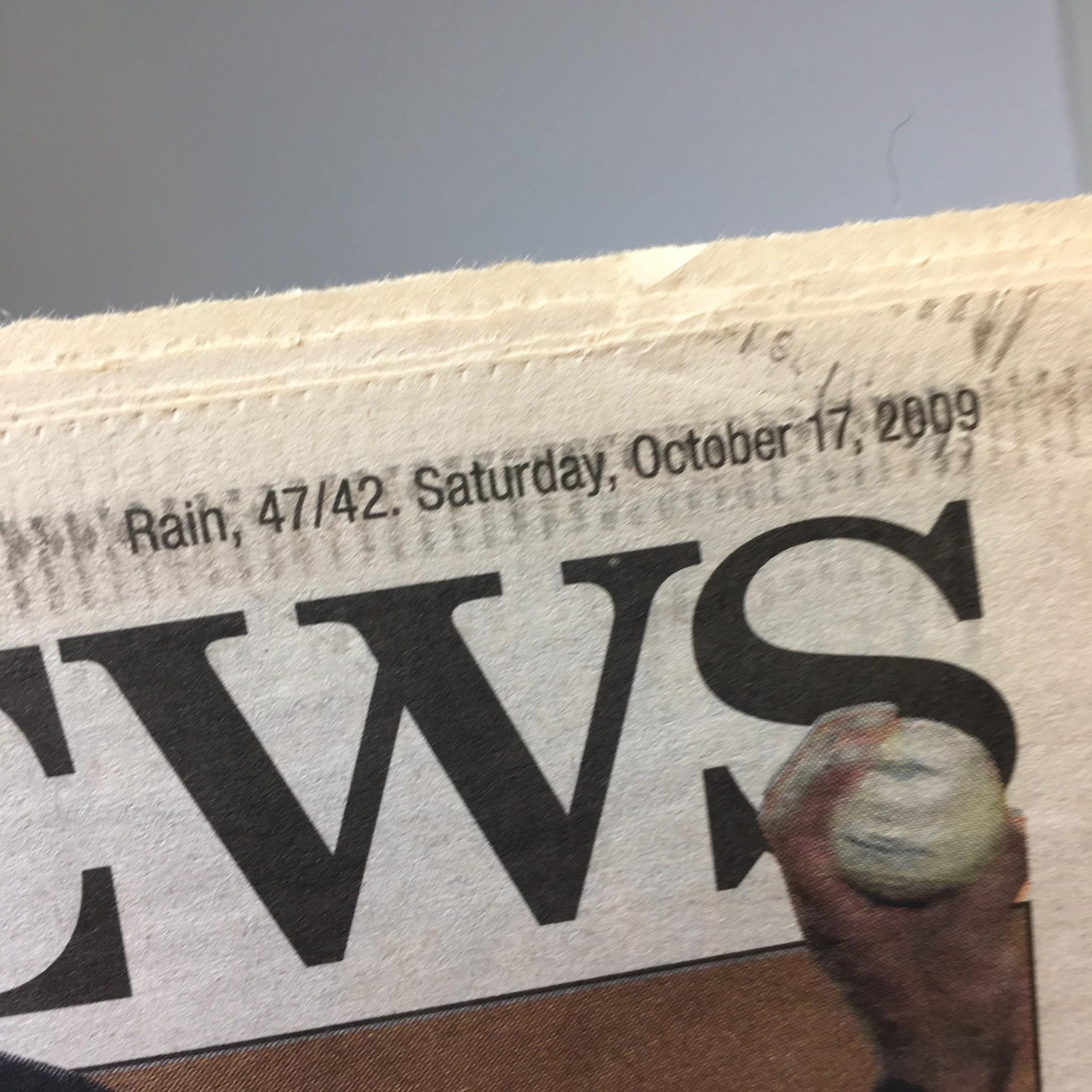 Close-up of the NY Daily News date header from October 17, 2009, showing weather conditions: Rain, 47/42.