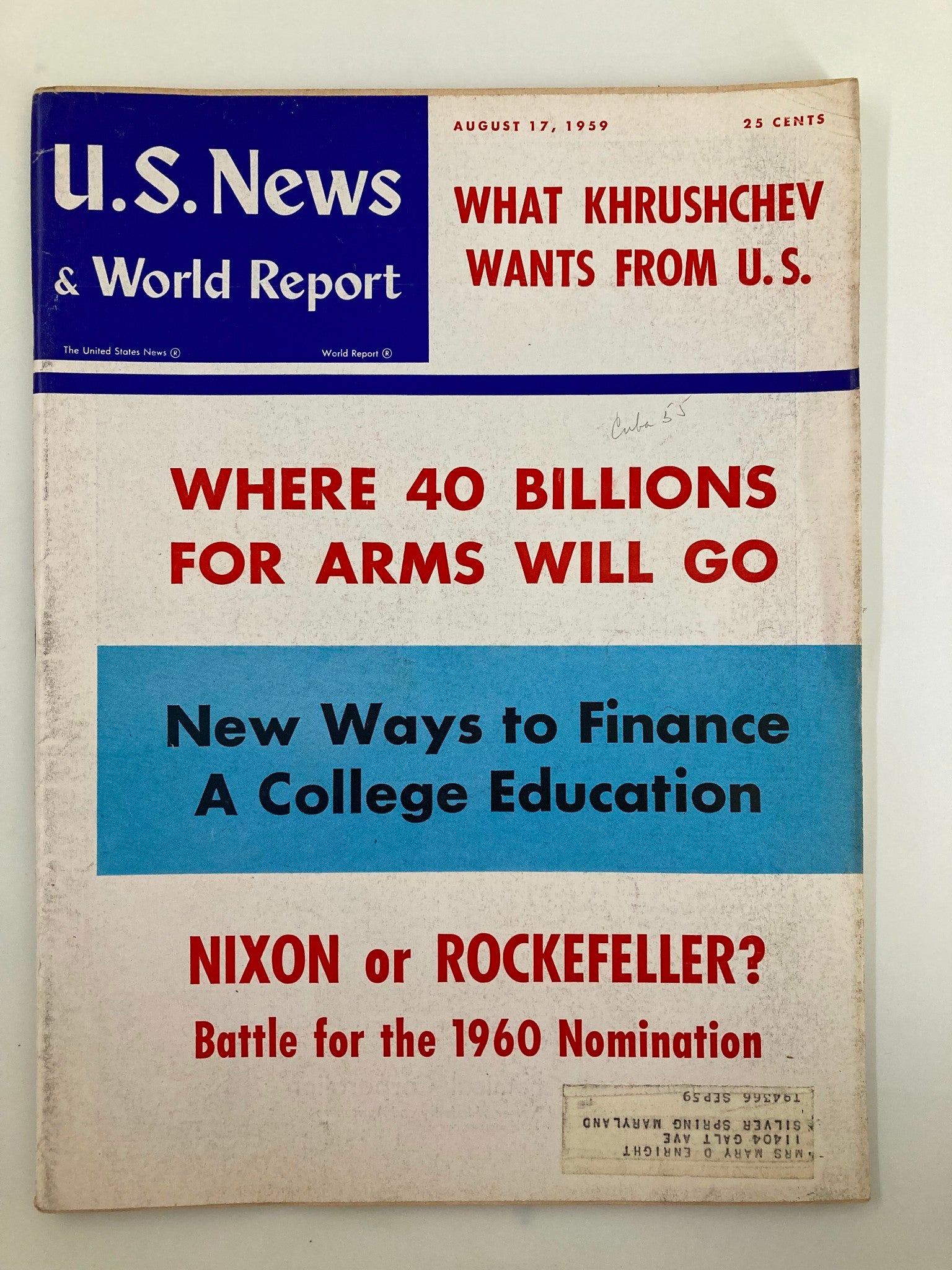 US News & World Report Magazine August 17 1959 Richard Nixon, Nelson Rockefeller