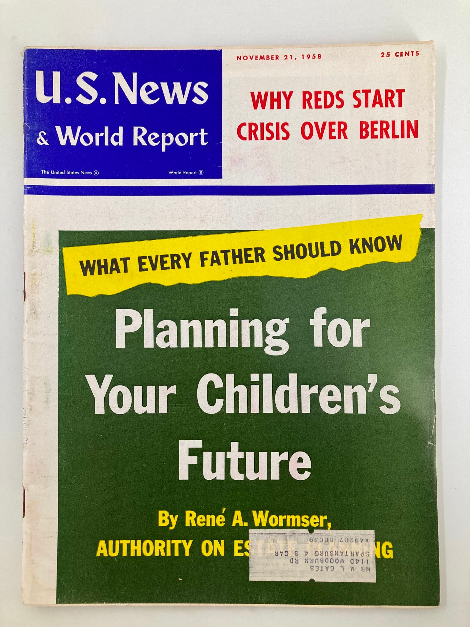 US News & World Report Magazine November 21 1958 Planning For Your Children