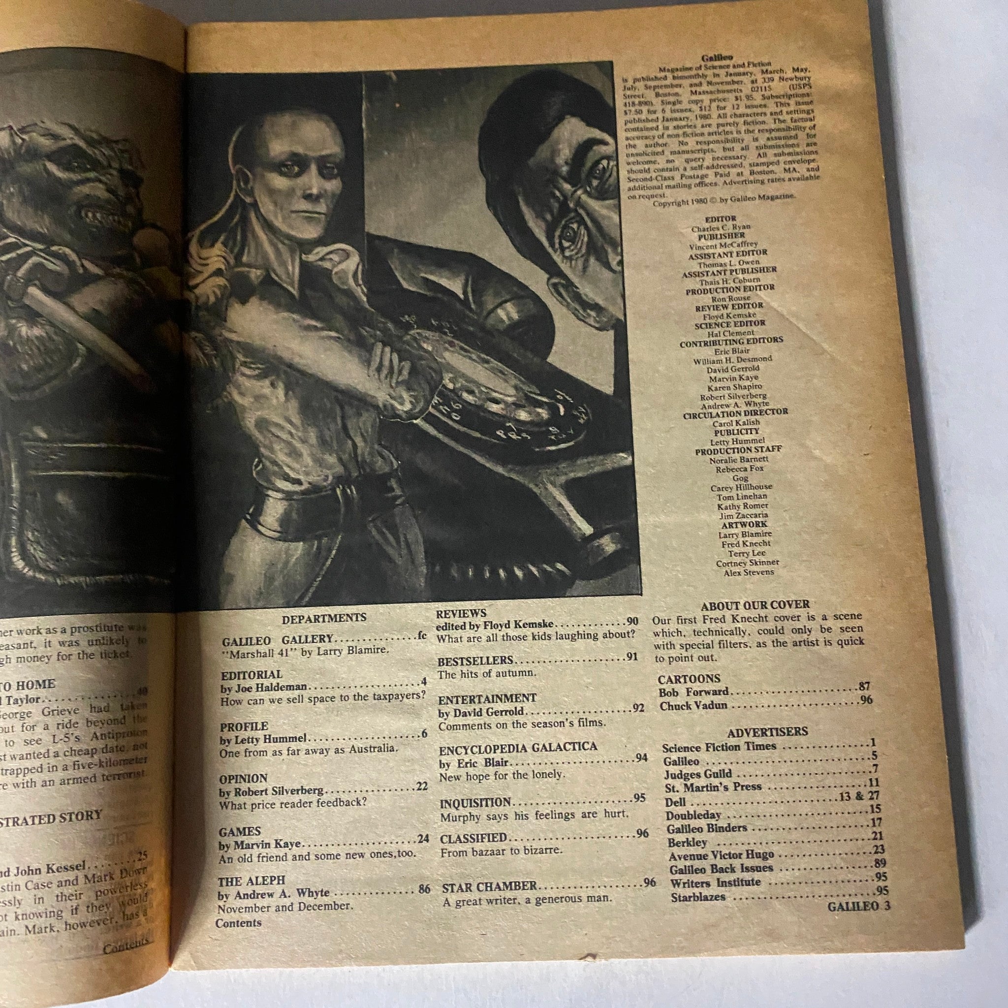 Interior view of VTG Galielo Magazine of Science & Fiction January 1980, featuring stunning artwork and content layout, including the cover story 'Ringworld' by Larry Niven.