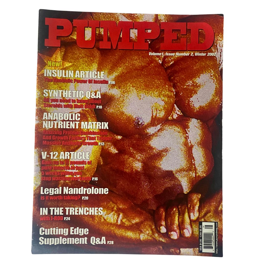 Pumped Magazine Winter 2002 Issue 2 cover showcasing the theme 'The Anabolic Power of Insulin' with bold images of bodybuilders along with featured articles on anabolic nutrition.