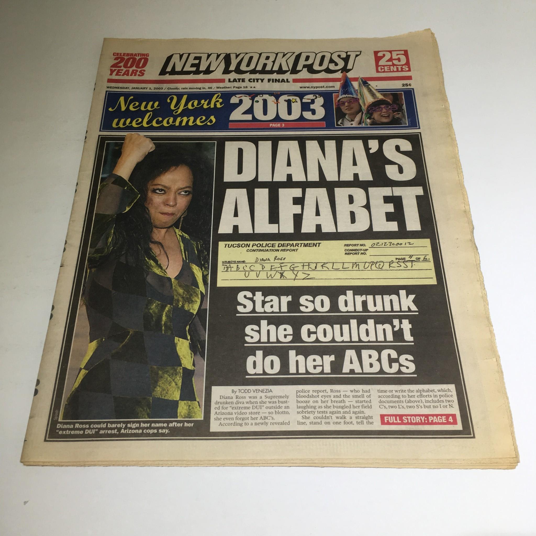 New York Post: Jan 1 2003, Diana's Alfabet, Star So drunk & Couldn't Do Her ABC'