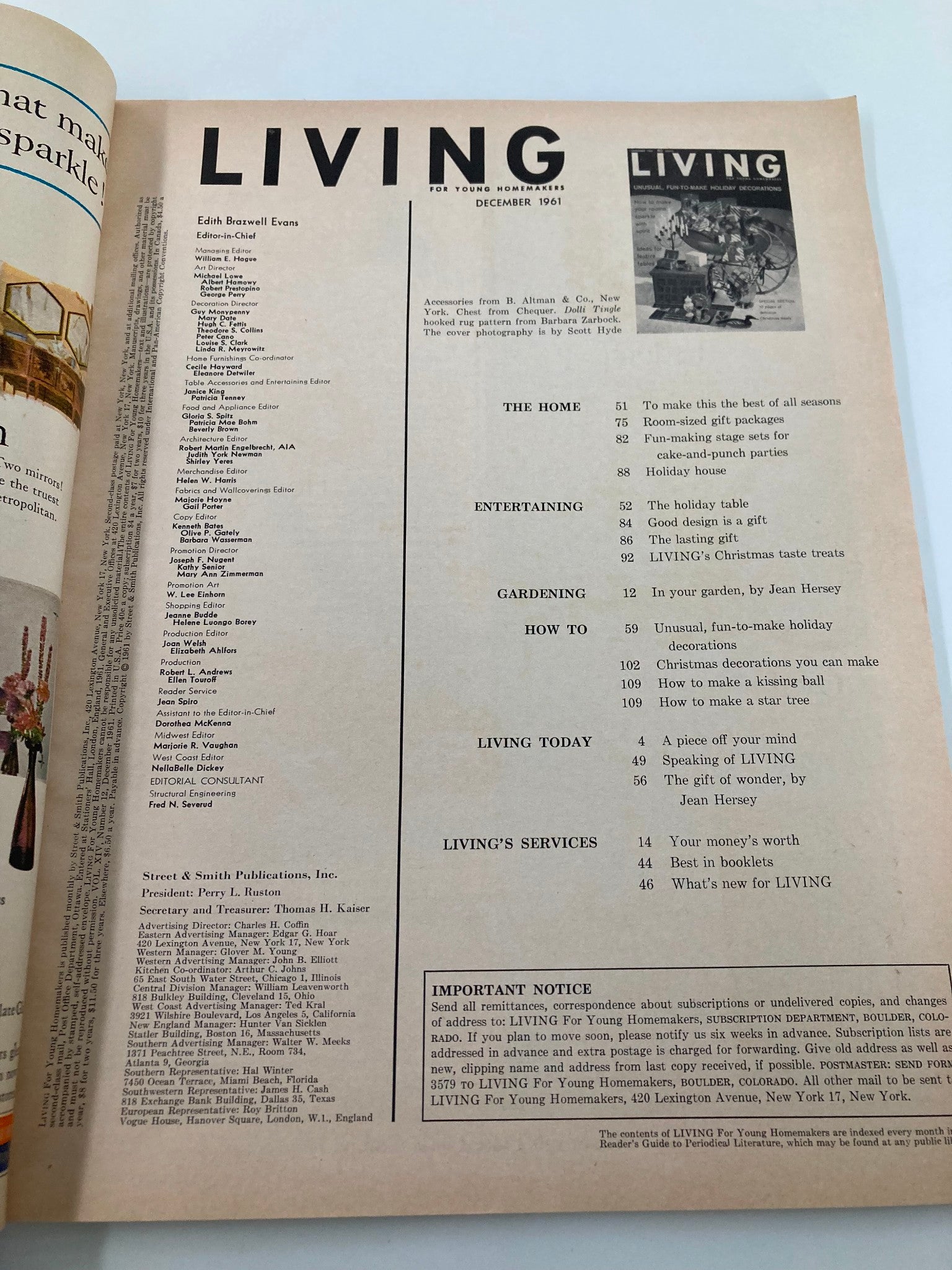 Table of contents page from VTG Living for Young Homemakers Magazine December 1961, detailing articles on entertaining and holiday decorations.